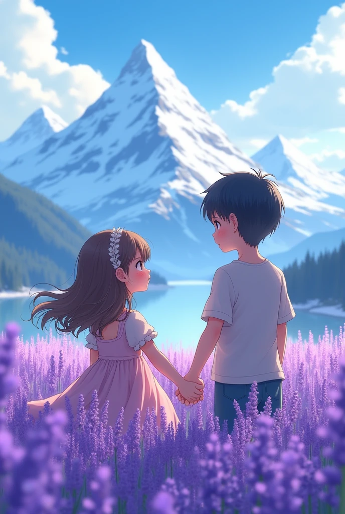 Potrait illustration, hd, high contrast, photorealism(1.2) the girl in anime style (blushing-1.3), fantasy background, the girl is sitting in a lavendar field. A guy is standing near her and she is holding his hand. The girl and the guy is facing their back side and facing towards the snowy mountain.