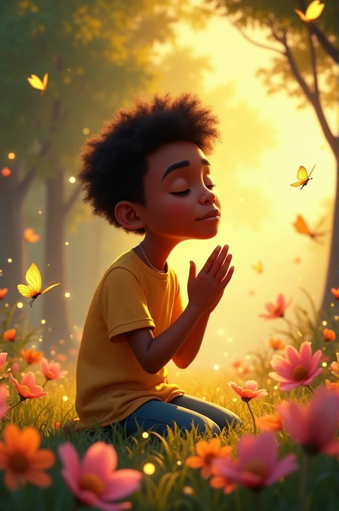 Black teenage boy praying to God in a Disney Pixar style