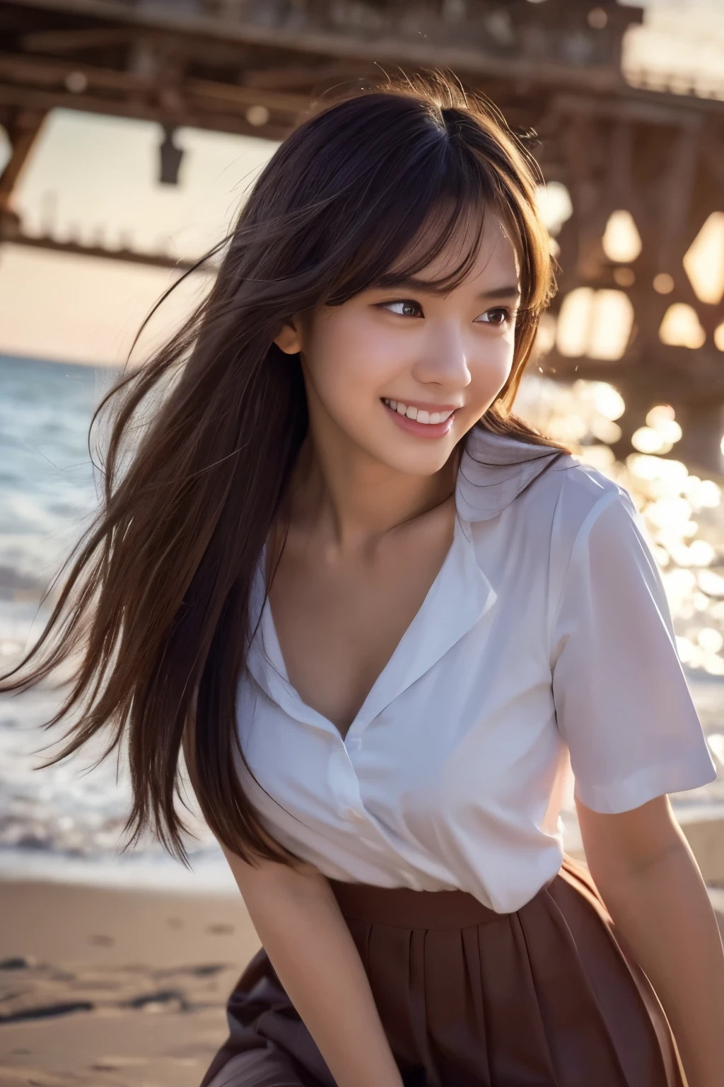 realistic, photogenic, with the sea in the background, wearing school uniform, the top button of the upper cloth is open, exposed at chest, skirt is short and just reaching above the thighs, middle-length hair, hair color mixes bronde and brown, hair is blowing in the wind, hair is shaggy and dishevelled, very sunburned and tanned skin, medium build a little bit chubbily figure, skiny chest, heavy and vivid makeup, small mouth, small nose, smooth shaped jawline, glossy face, heavy flushed cheeks, big smile while open mouth, flirting, having a great time, , detailed eyes, slanted eyebrows, detailed lips, close-up shooting, photorealistic, highly detailed, 8k, best quality, masterpiece, vibrant colors, dramatic lighting, cinematic composition, digital art