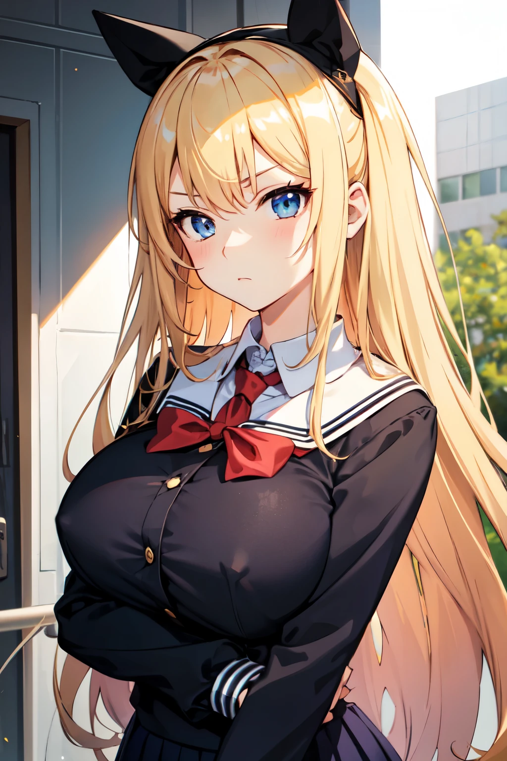 ((schoolgirl)), ((anime)), 1girl, long hair, blond hair, hime cut, 2 sidelocks, stern expression, dark blue eyes, fair skin, big breasts, honor student