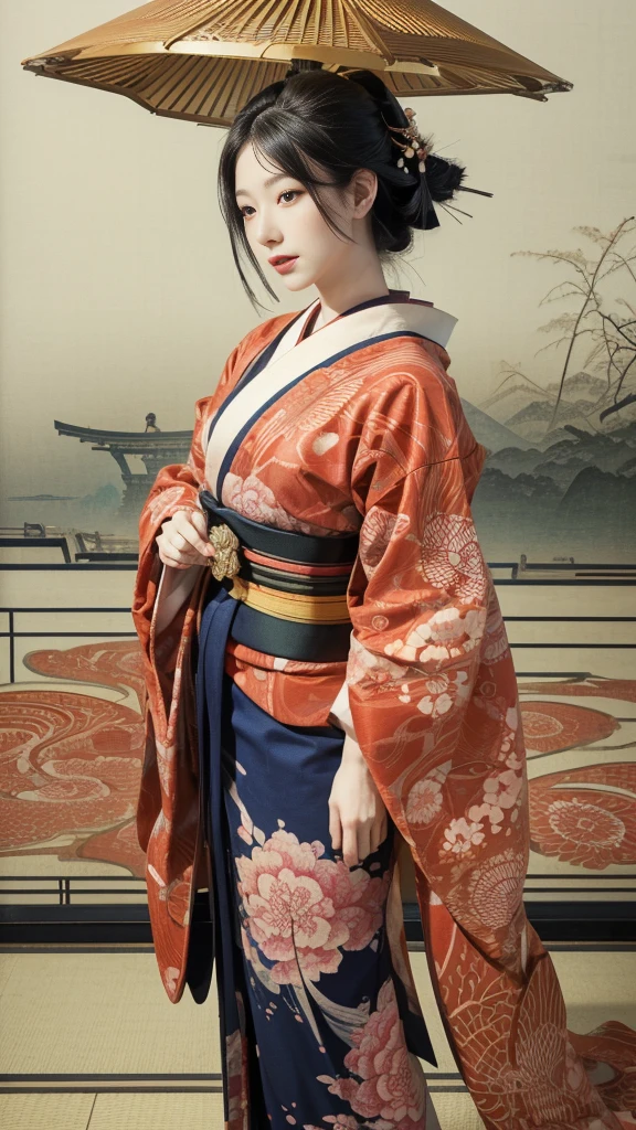 (Background: modern Tokyo, expressways, Tokyo Tower) ((Ukiyo-e)) Japanese art, period, Tokyo art, lily, natural scenery. (masketer fascia, top quality, ukiyo-e style, mysterious, exquisite, beautiful, official art, Sharaku: 1.2), (1 Japanese woman: 1.3), (fractal art: 1.3), cowboy shooting, white skin, ( Beautiful brunette, kimono: 1.2), modern Japanese urban background, colorful, (reel, belongs to Japanese style: 1.2),