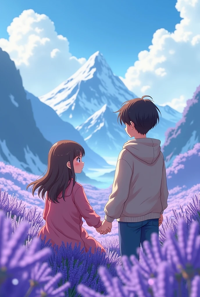 Potrait illustration, hd, high contrast, photorealism(1.2) the girl in anime style (blushing-1.3), fantasy background, the girl is sitting in a lavendar field. A guy is standing near her and she is holding his hand. The girl and the guy is facing their back side and facing towards the snowy mountain. 