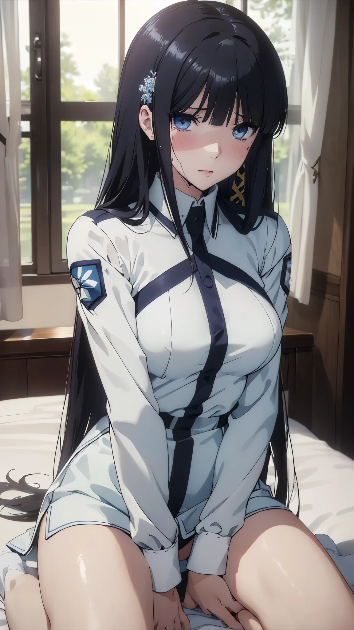 1 personの, alone, masterpiece, Highest quality, The Irregular at Magic High School, Miyuki Shiba, Shiba Miyuki, iris, blue eyes, tsurime, eyelash, Black Hair, Long Hair, Hime cut, Straight hair, Blunt bangs, blunt end, Side Lock, hair ornaments, snowflake hair ornaments,High School Uniform, dress, white dress, collared dress, Jacket, green Jacket, cropped Jacket, open Jacket, Long sleeve, Large Breasts, (masterpiece: 1.3), (Maximum resolution: 1.2), (Ultra HD TV: 1.2), Cinematic Light, 8k resolution, Detailed facial features , (Sharp focus: 1.2）, (Focus on the face:1.2),Perfect Style, Beautiful Face, Acura, Anatomically correct, Highly detailed face and skin texture, Beautiful Eyes,Beautiful Eyes, Thin eyebrows, Natural Cheeks, Glowing Skin, Fair skin: 1.2, (Glossy Lips: 1.4),、 (Embarrassed look: 1.2),Highly detailed face and skin texture, Natural Cheeks, , Glossy Lips: 1.4,Perfect Style、Cleavage、Soft Breasts、（Semen on chest:1.6）（Cum on thighs 1.5）、 Sperm on tongue、Drenched in sweat、Wet clothes、blush、A humiliating look、Anxious expression、Frightened expression、Embarrassed look、Glare、anger、sorrow、tears、（Open your knees:1.5）、（Spread your legs:1.5）、 White underwear、Disheveled clothes、sweating、Thin underwear、18-year-old、 clear, A clean-cut woman,1 person、 Upward-facing chest, Black Hair、blue eyes、Beautiful Eyes、Torn clothing、（masturbation behavior:2.0）、At the bed、（On my back、At the bedLying down、Lying down、White sheets:1.7）、avert your eyes、Straight Long Hair