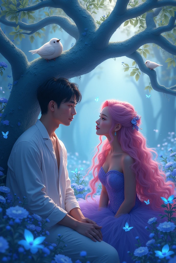 Modern Asian man, with a scar on his face sitting in a forest with blue flowers and butterflies flying, a woman sitting next to him, the woman with very long curly pink hair and a purple dress and the man wearing cargo pants and a black dress shirt, both have maroon red eyes ,in the background there is a blue tree with some white birds perched on it and a magical air