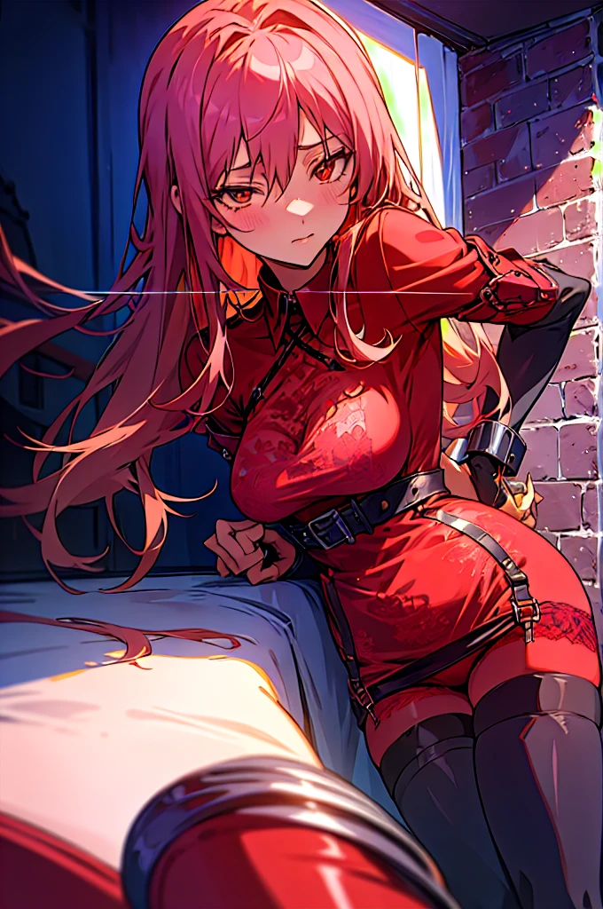 anime artwork 20yo girl,breathtaking woman restrained to wall in red lace lingerie with garter belt and thighhigh stockings:1.1), in bsdm-room anime style, key visual, vibrant, studio anime, highly detailed
