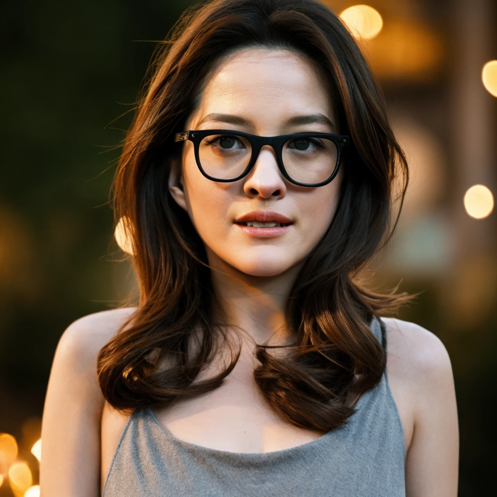 1girl, quite a bit body, Realistic photograph best quality portrait of a beautiful gorgeous young cute Asian woman, 24yo., looking at viewer, detailed face, Realistic texture human skin, bright glowing face, curved eyebrows, droopy hooded eyes, glasses, low nasal bridge, wavy nose, wind tousled bob hair, (((young Marion Cotillard blended face mixed with young Anne Hathaway))), wearing fossil grey camisole, hand up on hair, flirting smiling portrayal, ethereal girl, intimate lighting sturdy, real photo, brown eyes, best quality, masterpiece, sensually licking a melted popsicle, celebrating, a spectacular colorful firework show, the lights are shaped in a flower, in the dark night sky, festive, Leica SL3, Summicron-SL 75mm ASPH, F/1.8, (cinematic still:1.2), Film Never Die Kiro 400 film, bokeh, rim lighting, silhouette, shallowed depth of field,