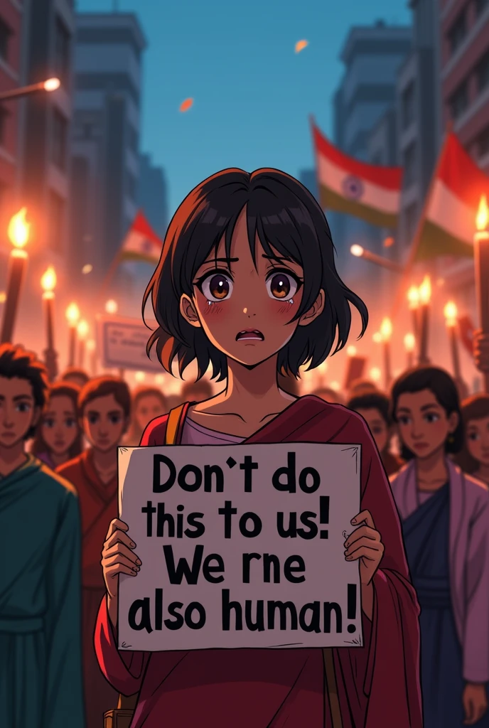 Justice of women rape victim (emotional demand from public, government) India ..with mentioned of don't do this to us we are also human (animie type) from India 