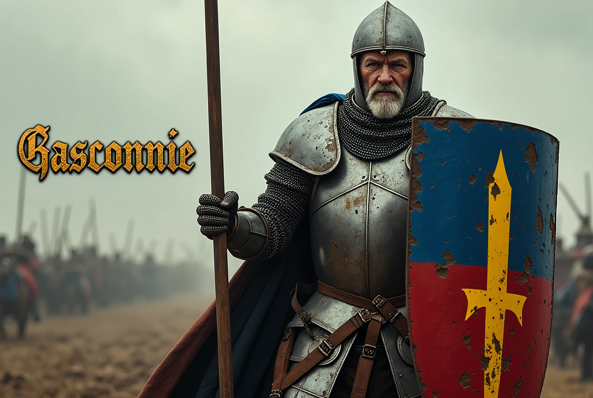 Une affiche de film représentant un chevalier d'âge moyen brandissant une lance d'une seule main, et portant une ((un grand bouclier bleu et rouge avec un logo de fine épée jaune pointant vers le haut)), endommagé par les combats. (une armure médiévale abîmée & casque, armure médiévale très abîmée par la bataille, un manteau d'armes bleu et rouge). Il a une grande cicatrice au visage, (peau blanche et pâle). (Il est sur un champ de bataille avec les mots "Gascogne" écrit en grandes lettres dorées au premier plan).