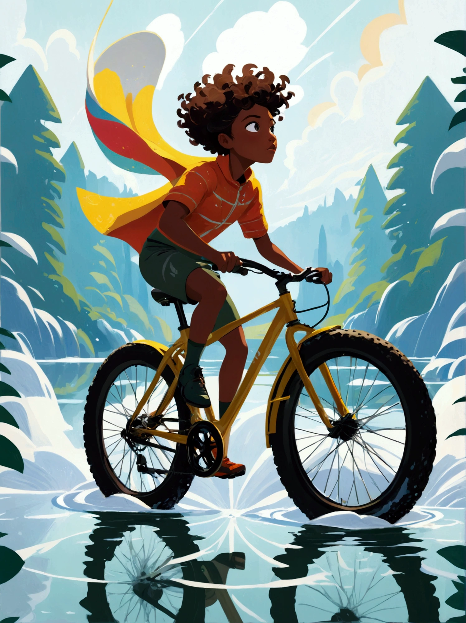 ([negative space:0.8:1.5]), Illustrate a daring and fearless individual performing a stunt where they are riding a bicycle on the surface of a calm lake. The rider, of ambiguous gender and Black descent, displays a strong and focused expression testifying their determination. In the midst of unfathomable adventure sports, the individual is portrayed mid-action, showcasing extreme sportsmanship. The scene should bear semblance to visible elements prominent in bright, vibrant color schemes, known characteristics of pre-1912 abstract art, and a splash of surrealism. Aim to capture the exhilaration and  of the moment like the imagery of a high-speed camera, freezing motion, and accentuating every detail in this fantastical reality. The image should whisper in dramatic undertones, 'YOU CAN DO IT', colorful cartoon-style illustration from an award winning animated movie, illustrated in bold outlines, showcasing its colors and shapes. The character is depicted adorned colorful energy against a white background, [mythical creature:0.8]