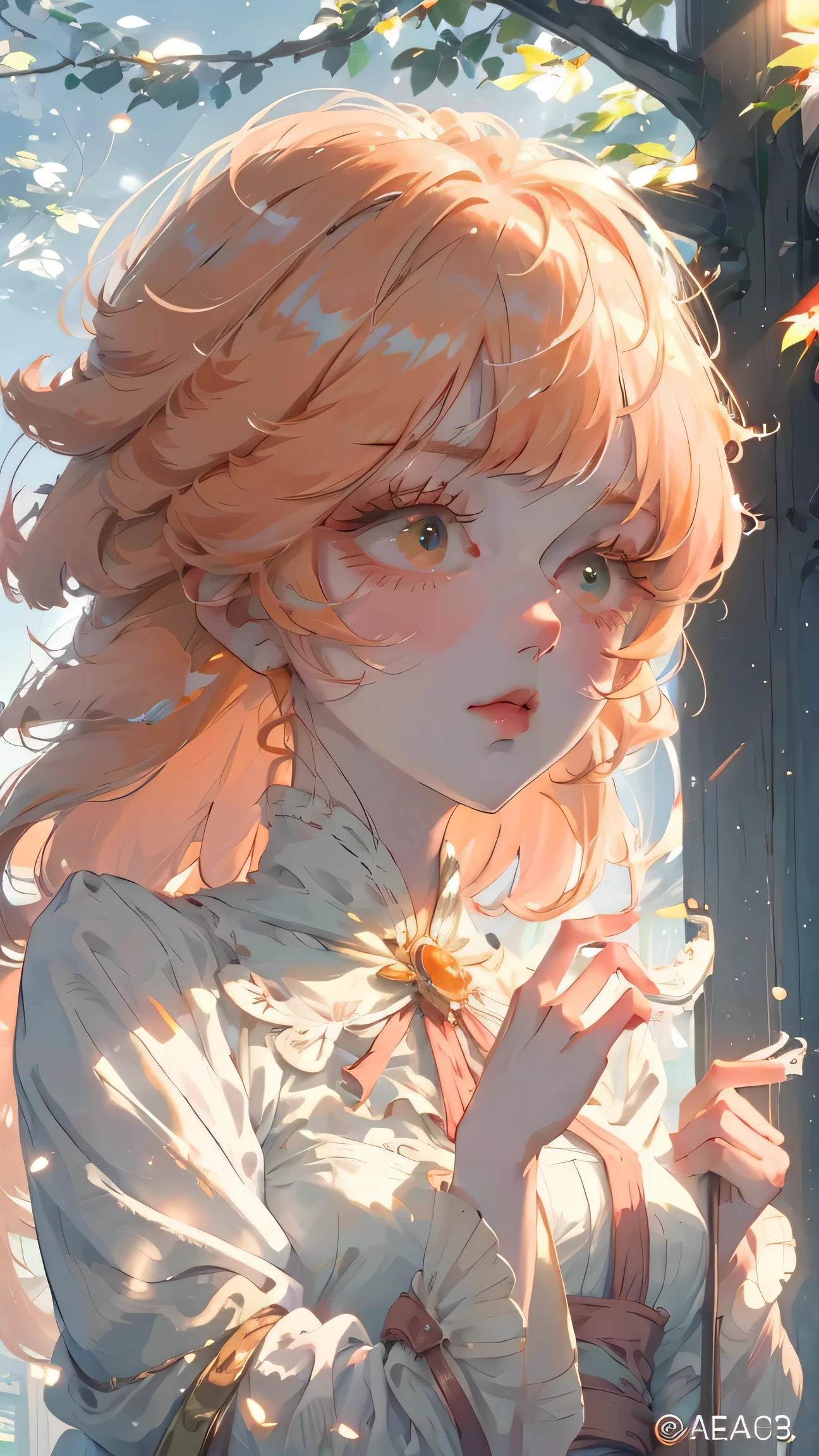 (high quality) (best quality) (a woman) (correct physiognomy) (perfect students) (perfect eyes) anime woman, long fluffy deep orange hair, green eyes, sensitive lips, feminine appearance, soft  features, slender eyebrows, smooth skin, rosy cheeks, pink lips, silky eyelashes, dreamy expression, orange hair, middle age, in the middle of nature, cute anime animation style, sunlight illuminated photo, anatomy from head to torso in the photo