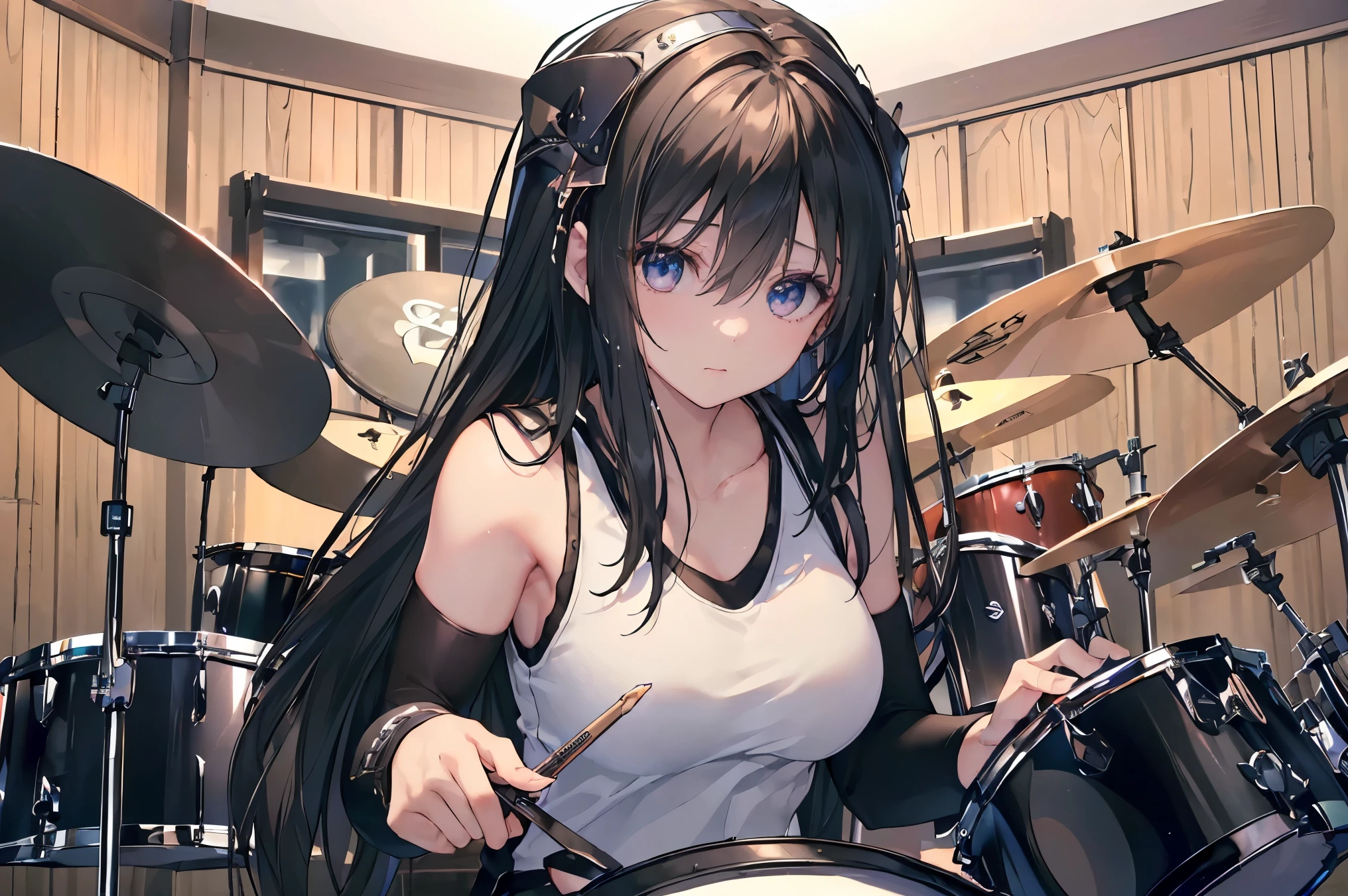 ((best quality)), ((masterpiece)), (detailed), perfect face, ((Best quality, 8k, Masterpiece: 1.3)), Sharp focus, Highly detailed face and skin texture, Detailed eyes, black hair, Rock band member, (playing drums), (drummer), Drumsticks, YAMAHA drum set SBP2F5AZM, Shining sweat during performance, White tank top, black jeans