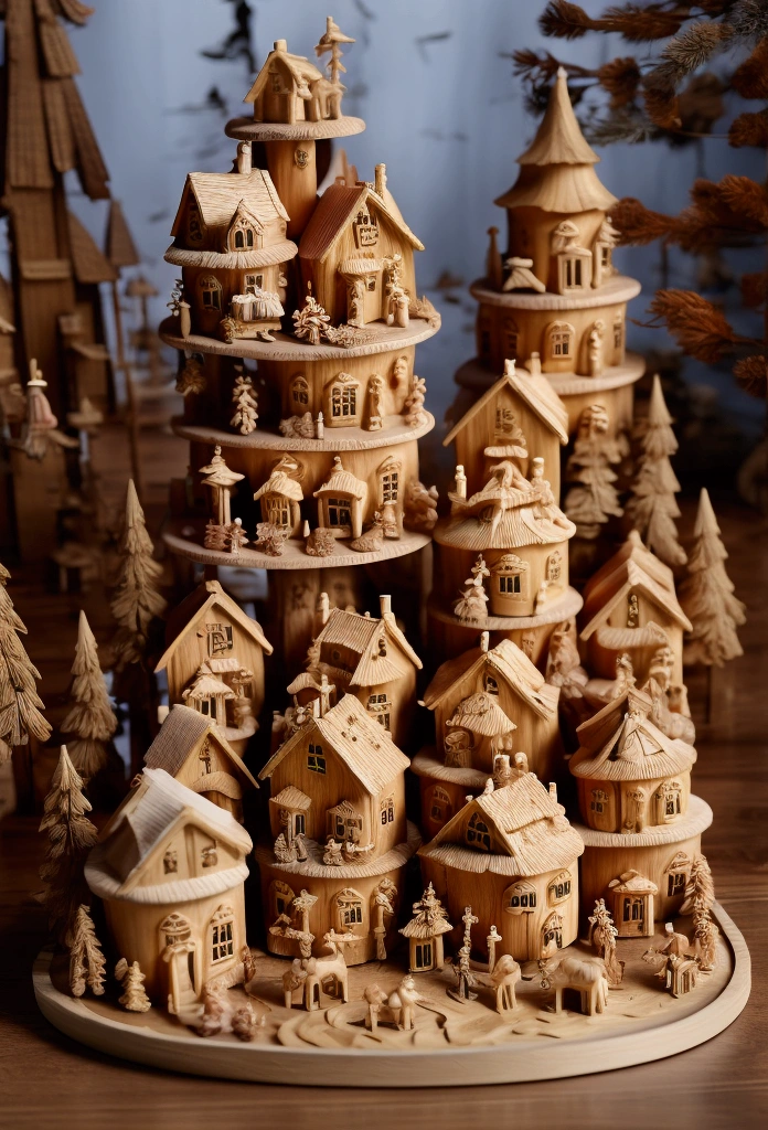 there are a lot of wooden houses on a christmastown, wooden decoration, wooden houses, wood ornaments, decoration, very realistic, wooden buildings, tree town, pilgrim village setting, seasonal, model trees, outstanding detail, stunningly detailed, full trees, with detailed wood, wood, a hyper realistic, tiny village, box, 1/30, by rainer hosch