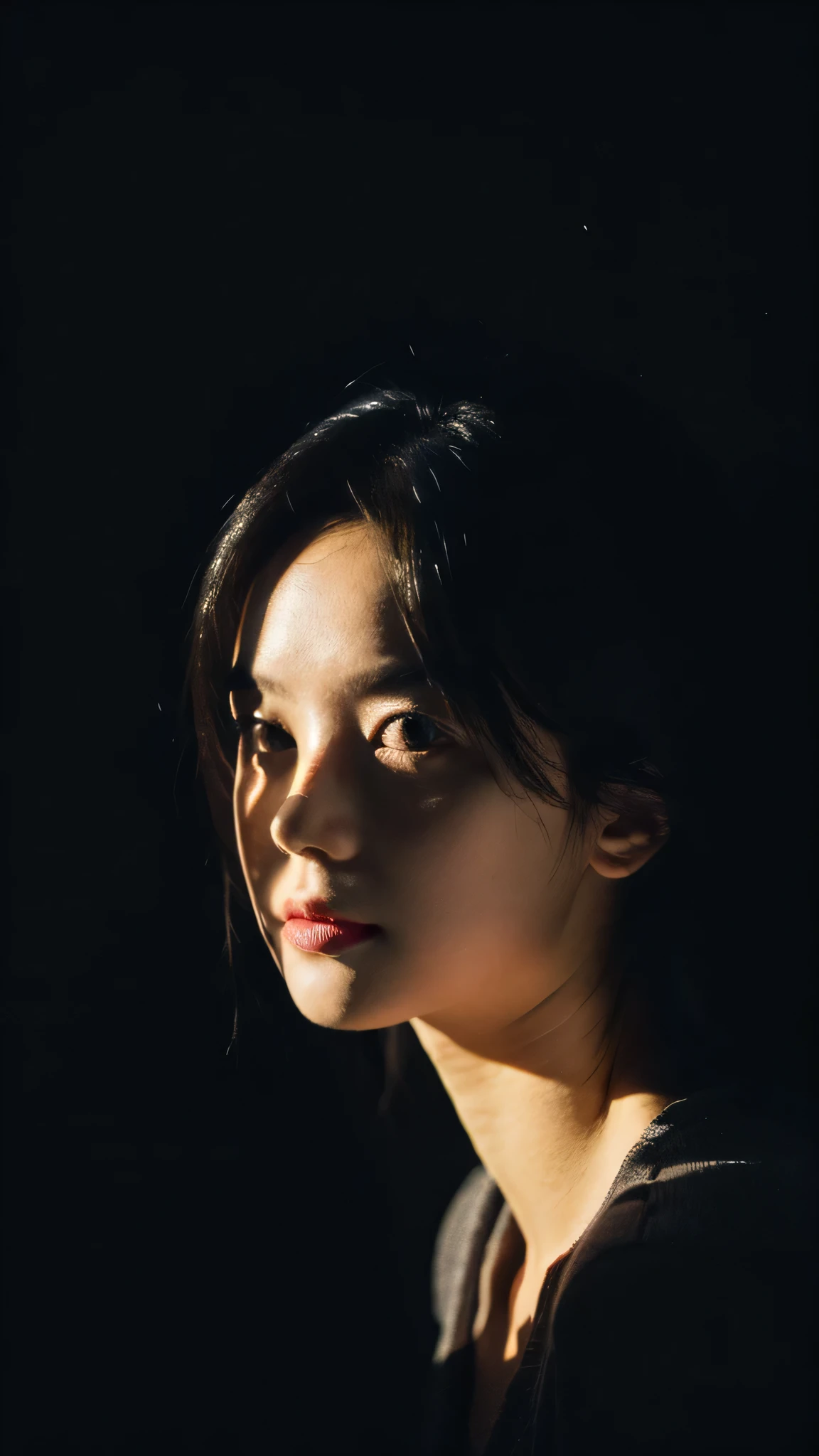 Best Quality,Masterpiece,Ultra High Resolution,(Realisticity:1.4),Original Photo,
1Girl,shadow,black background,
