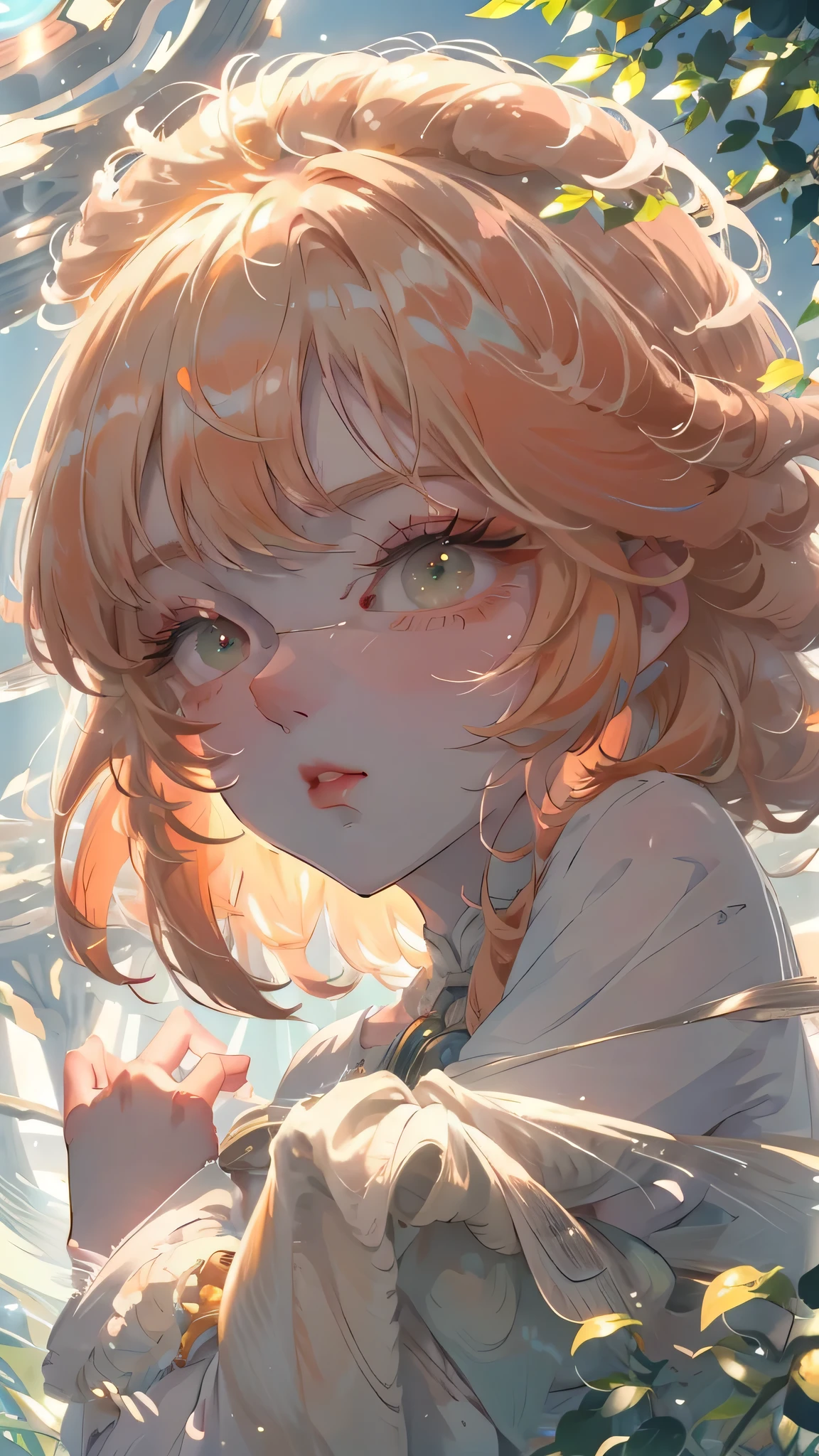 (high quality) (best quality) (a woman) (correct physiognomy) (perfect students) (perfect eyes) anime woman, long fluffy deep orange hair, green eyes, sensitive lips, feminine appearance, soft facial features, slender eyebrows, smooth skin, rosy cheeks, pink lips, silky eyelashes, dreamy expression, orange hair, middle age, in the middle of nature, cute anime animation style, sunlight illuminated photo, anatomy from head to torso in the photo