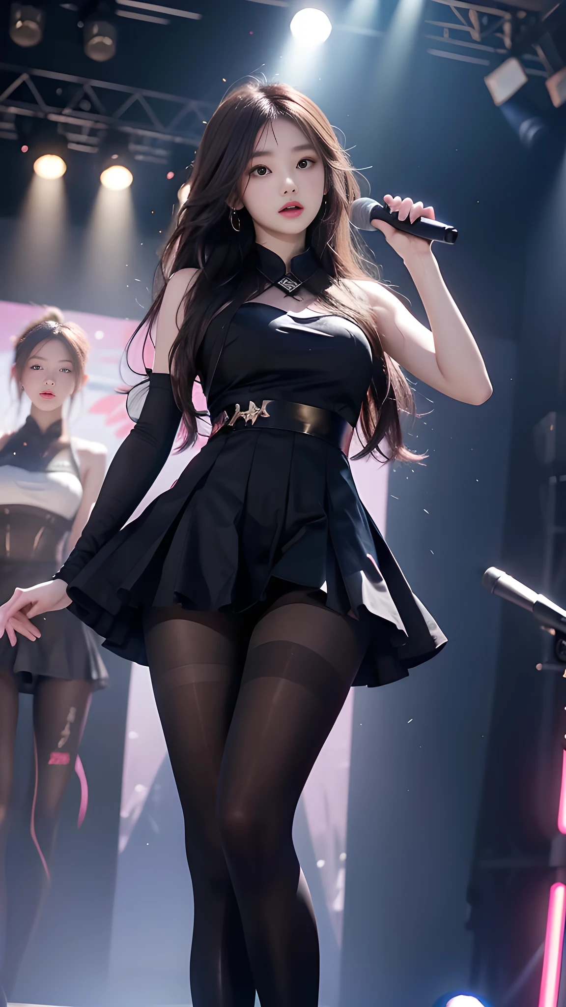 ulzzang-6500-v1.1, (RAW photo: 1.2), (Real photo), (Real photo: 1.4), 1 girl、Perfect anatomy、19 years old、Looking at the camera、Medium length hair、dress, Holding a microphone performing, ((performing on stage: 1.1))、(Hyperrealistic tights: 1.2), (Business service)、Asian eyes Ella,
