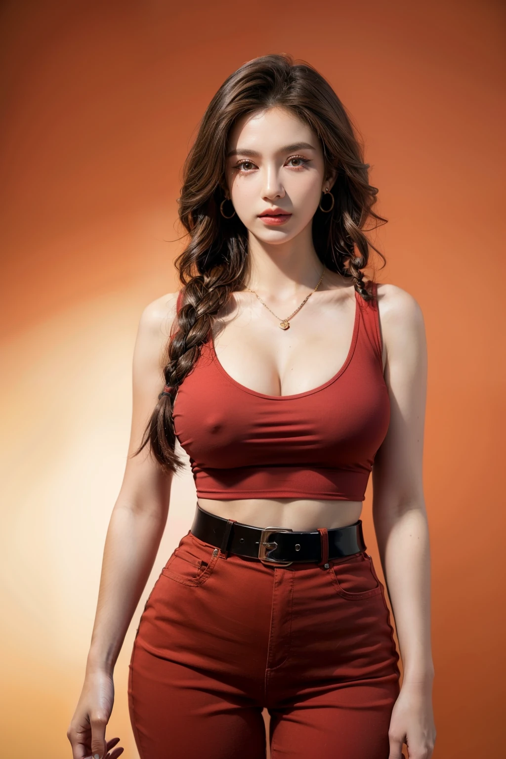 (RAW shooting, Photoreal:1.5, 8k, highest quality, masterpiece, ultra high resolution), perfect dynamic composition:1.2, Highly detailed skin and facial textures:1.2,beautiful and aesthetic:1.2, full body, sandals, Fair skin, (large breast:1.4, Chest gap:1.4),(earrings,necklace,1girl, tall, long legs, makeup, brown hair, single braid,perfect thigh, tight red top,sleeveless,tight red long pants, belt),(simple background:1),