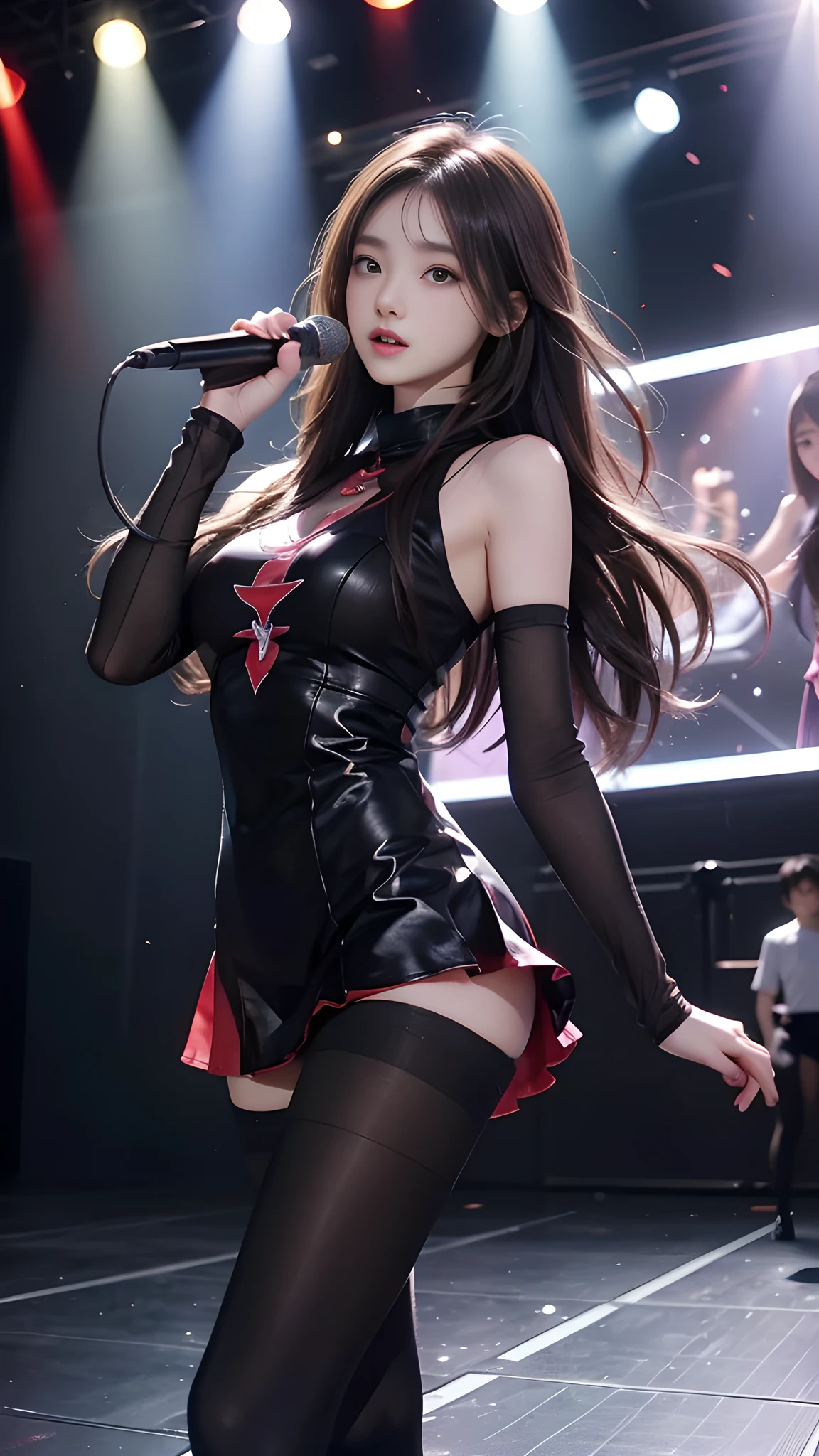 ulzzang-6500-v1.1, (RAW photo: 1.2), (Real photo), (Real photo: 1.4), 1 girl、Perfect anatomy、19 years old、Looking at the camera、Medium length hair、dress, Holding a microphone performing, ((performing on stage: 1.1))、(Hyperrealistic tights: 1.2), (Business service)、Asian eyes Ella,