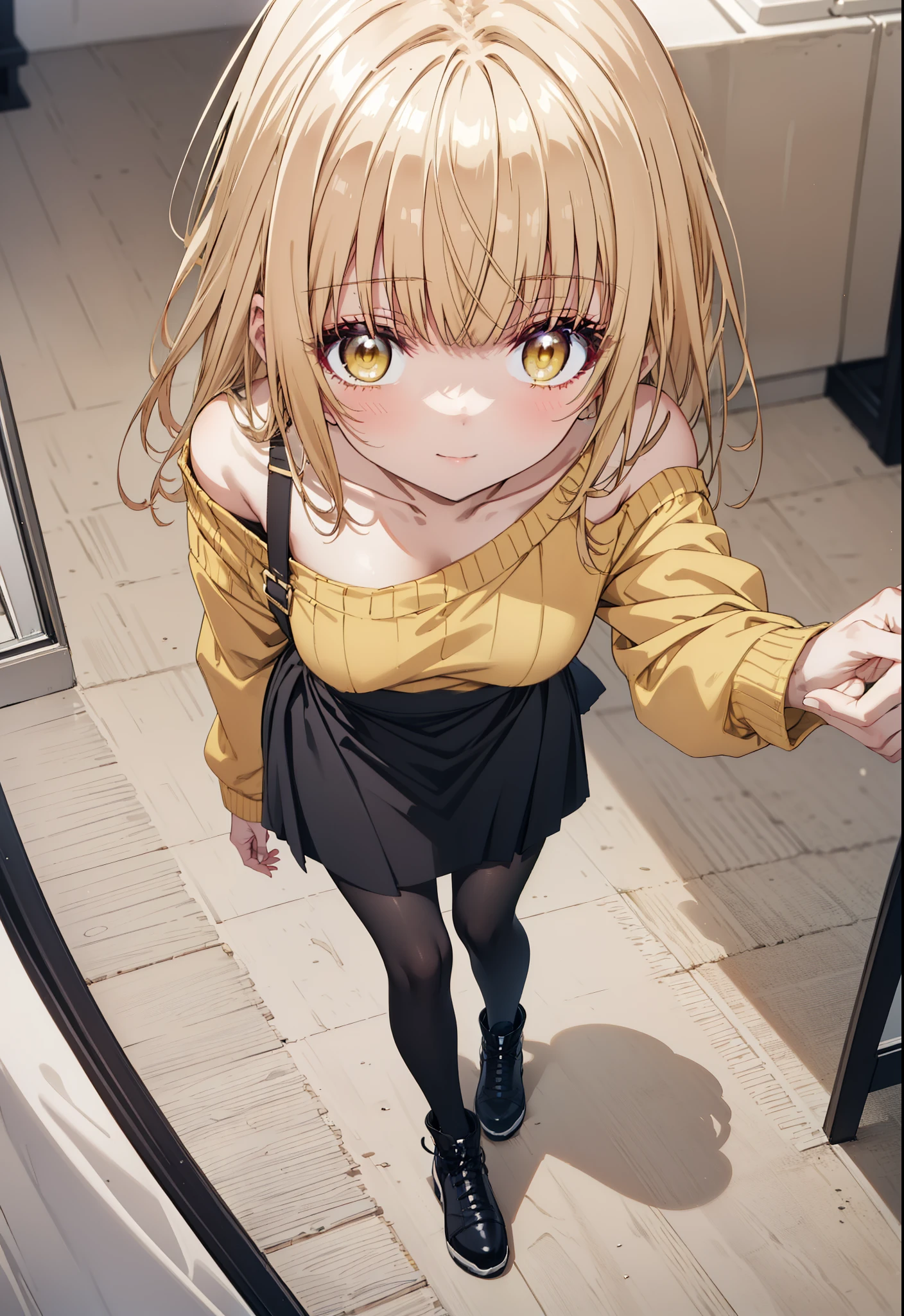 mahirushiina, mahiru shiina, Long Hair, bangs, Blonde, Brown Hair, (Yellow Eyes:1.3), smile,One-shoulder sweater,Apron,Skirt,Black pantyhose,short boots,Walking,whole bodyがイラストに入るように,
break indoors, Shopping mall,
break looking at viewer, whole body,
break (masterpiece:1.2), Highest quality, High resolution, unity 8k wallpaper, (figure:0.8), (Beautiful attention to detail:1.6), Highly detailed face, Perfect lighting, Highly detailed CG, (Perfect hands, Perfect Anatomy),
