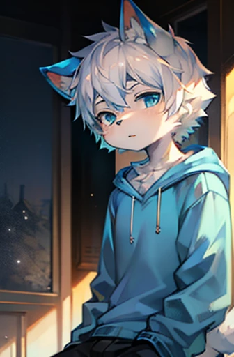 Furry, Anime furry, anthro male cat, light blue and white fur, short white hair, portrait, solo, blue sweatshirt, full body character, anime style character, digital painting