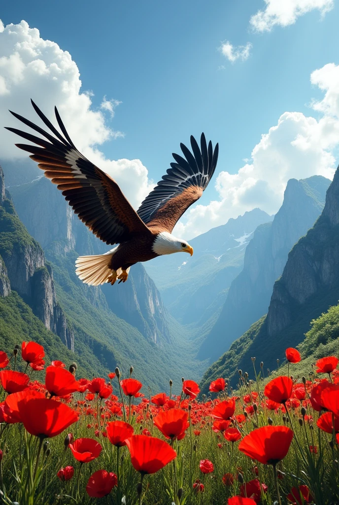 draw an eagle soaring over a field of red poppies in the middle of the mountains