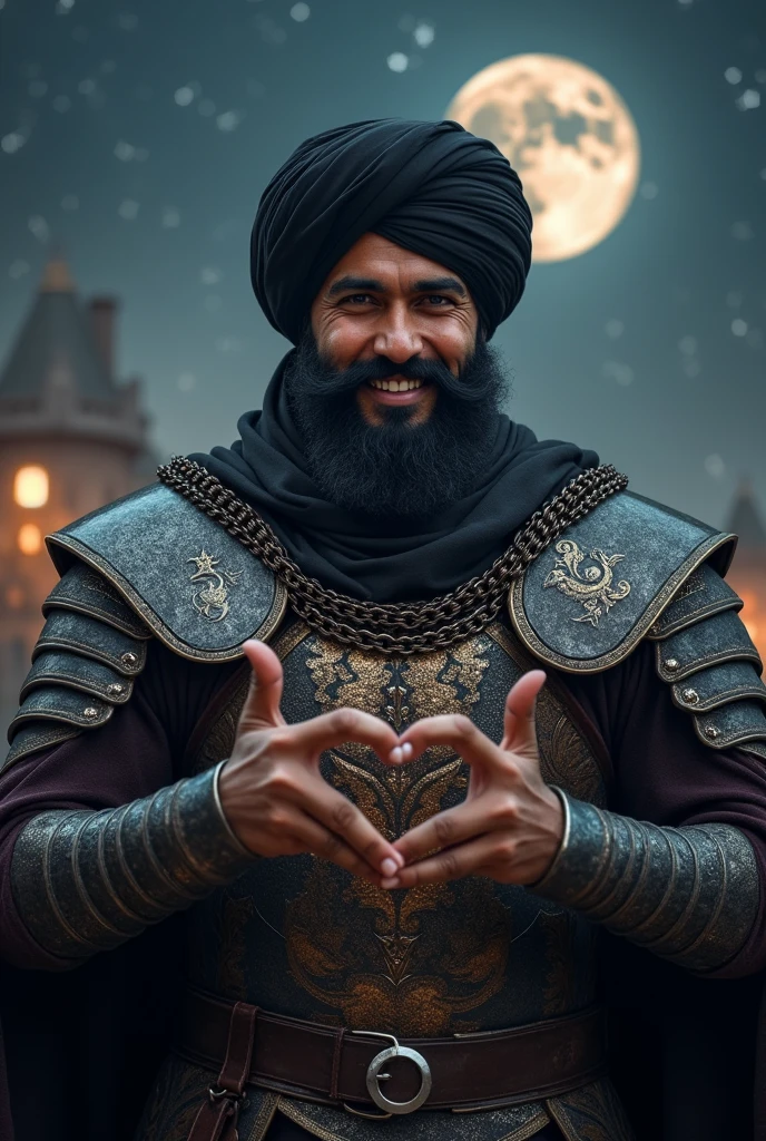 front chest , finger at With both hands make heart sign ,cinema shooting ,Muslim warriors, black man , middle body, (Has black hair and a beard, big smile),(Cover the whole body in armor, make V sign, ((He wears a chain clothes, and Wearing a turban, body light armor))) , night ((Anatomically correct,Surrealism, uhd, retina, accurate, anatomically correct, textured skin, super detail, high details, best quality, 8k))