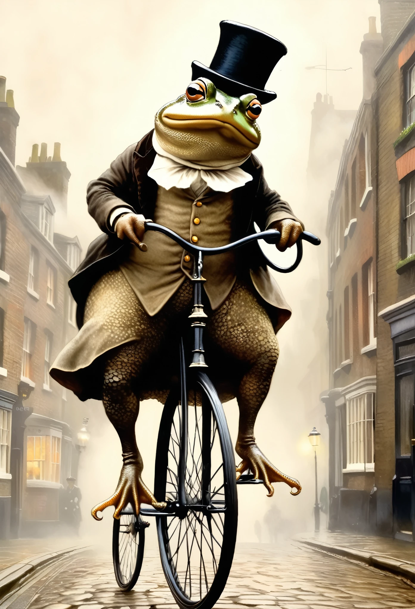 An English victorian toad riding a penny farthing bicycle down a cobbled london street in the early morning fog, wearing a tophat. In the style of jean baptiste monge.