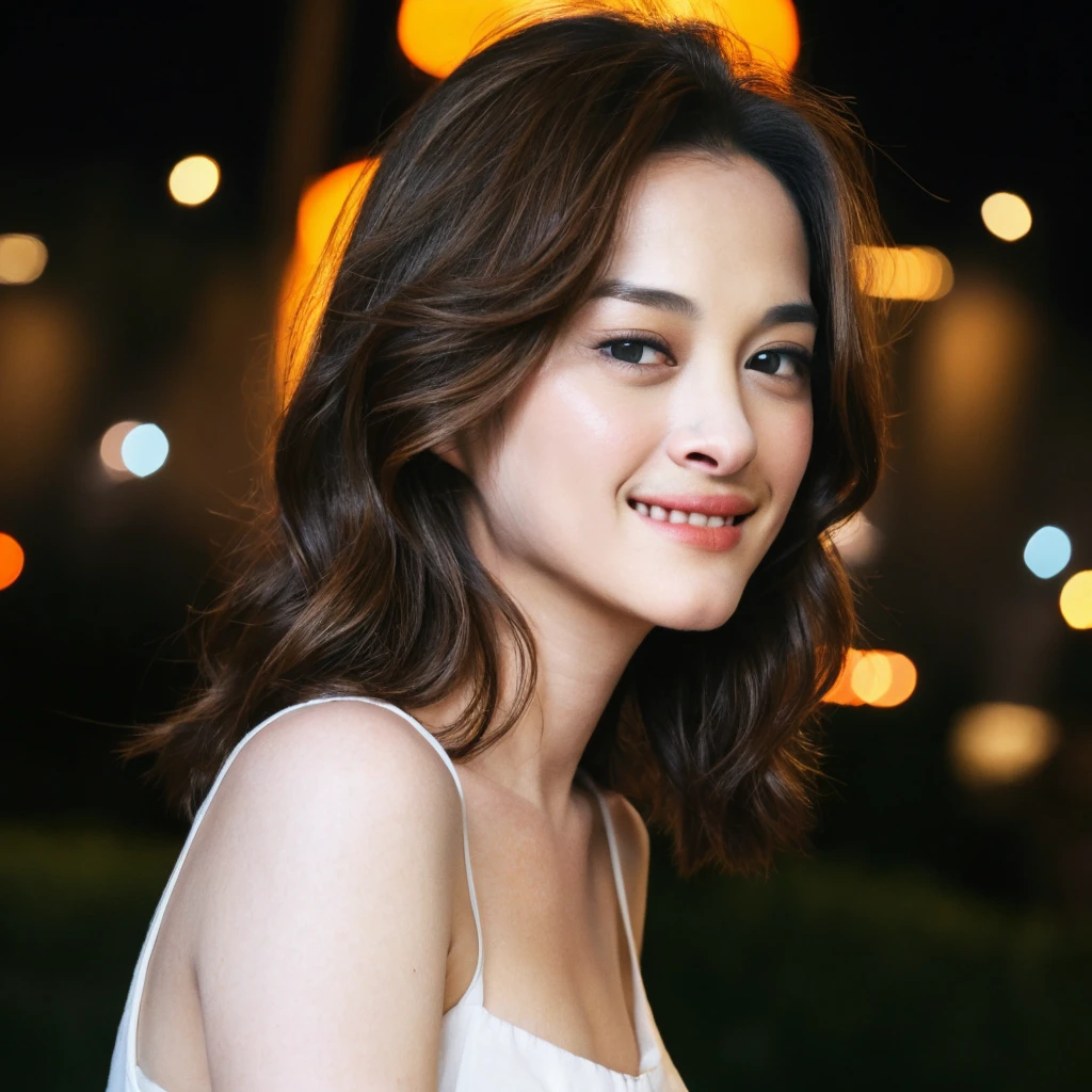 1girl, quite a bit body, Realistic photograph best quality portrait of a beautiful gorgeous young cute Asian woman, 24yo., looking at viewer, detailed face, Realistic texture human skin, bright glowing face, curved eyebrows, droopy hooded eyes, chrome choker, low nasal bridge, wavy nose, wind tousled bob hair, (((young Marion Cotillard blended face mixed with young Anne Hathaway))), wearing fossil grey camisole, hand up on hair, Happy wide smile, ethereal girl, intimate lighting sturdy, real photo, brown eyes, best quality, masterpiece, sensually licking a melted popsicle, celebrating, a spectacular colorful firework show, the lights are shaped in a flower, in the dark night sky, festive, Leica SL3, Summicron-SL 75mm ASPH, F/1.8, (cinematic still:1.2), Film Never Die Kiro 400 film, bokeh, rim lighting, silhouette, shallowed depth of field,