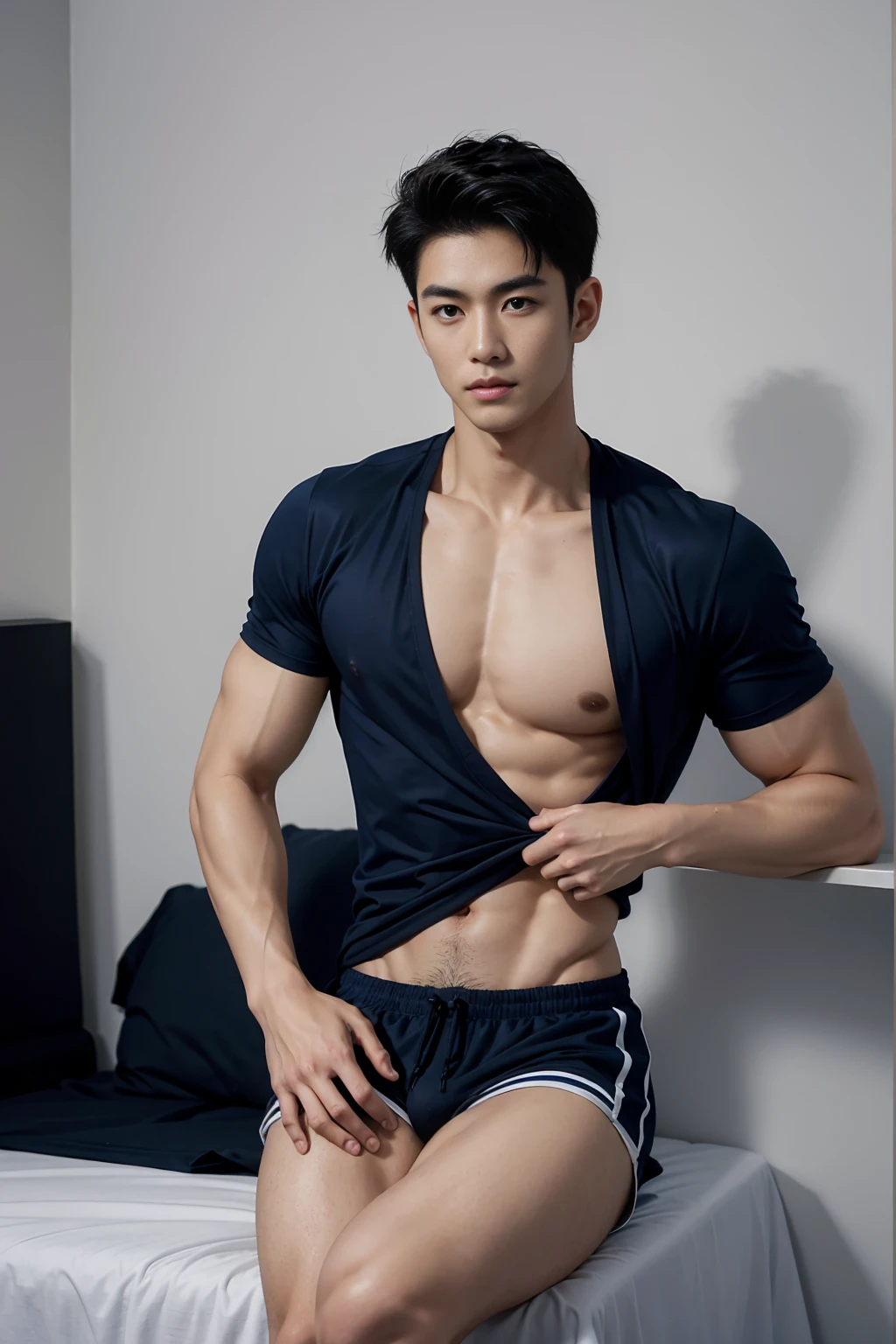 1 Handsome naked Japanese guy ,Sexy pose, A 20 year-old man wearing a Bare chest shirt and Excellent shorts stands against a white background, navy Blue, navy Blue, Sports T-shirt, Blue, Excellent Sportswear, Gorgeous and sexy clothes, Sportswear, Short sleeve, Jinjinshen Blue clothes, Tall young man, Tennis suits, Wearing Sportswear, dark Blue decorative clothing,male,Bare chest,Full chest muscles,Swelling of chest muscles,Six-pack,Hips, Handsome,High,Muscles look good,hairy body,Sexy expression, Wheat complexion,black eyes(thin eyes 1:3),Full body image, Excellent, perfect dick shape, Perfect hand details,Detailed you, , Mostly juicy ass, The opening of your legs