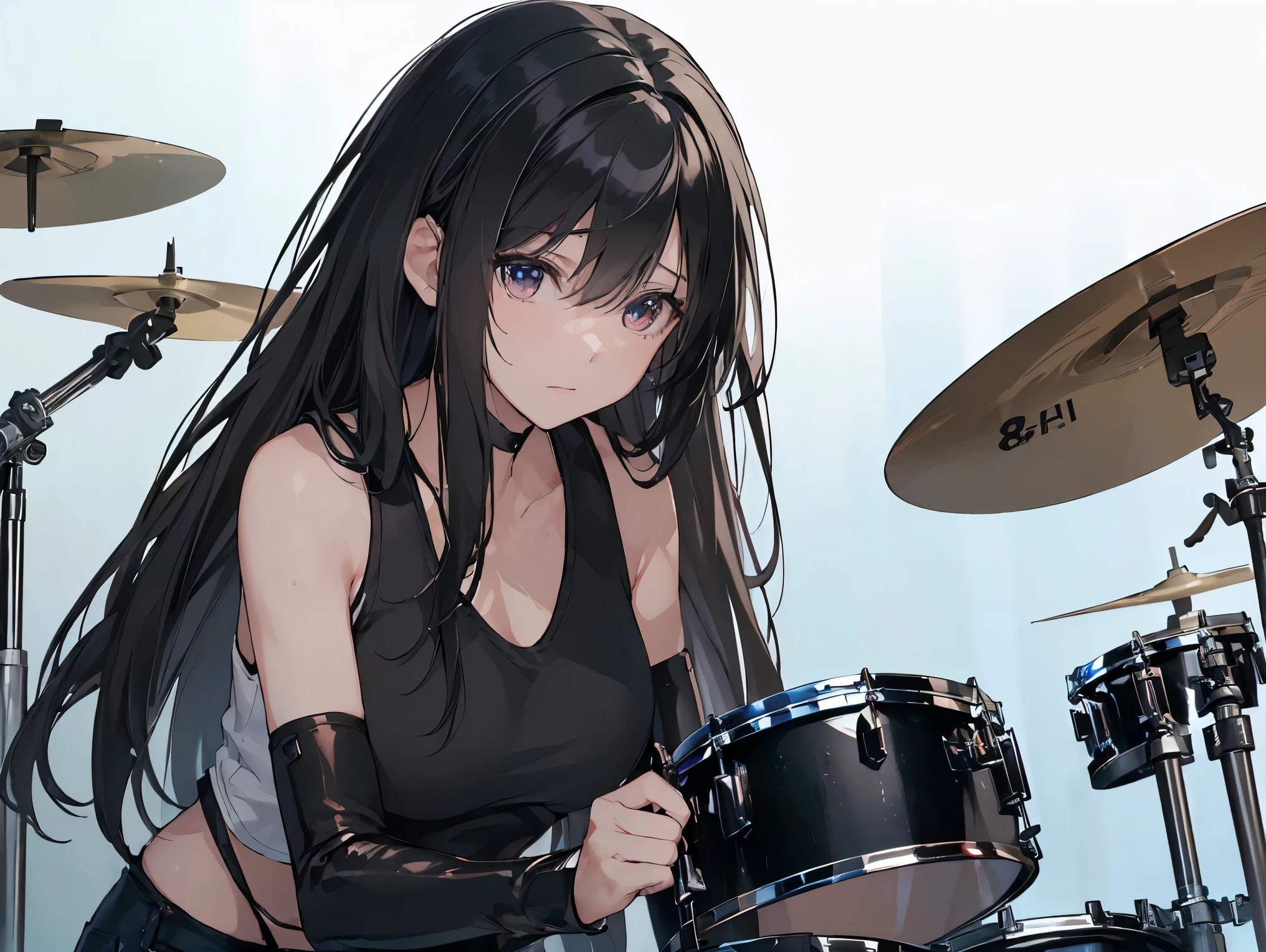 ((best quality)), ((masterpiece)), (detailed), perfect face, ((Best quality, 8k, Masterpiece: 1.3)), Sharp focus, Highly detailed face and skin texture, Detailed eyes, black hair, Rock band member, (playing drums), (drummer), Drumsticks, YAMAHA drum set SBP2F5AZM, Shining sweat during performance, White tank top, black jeans