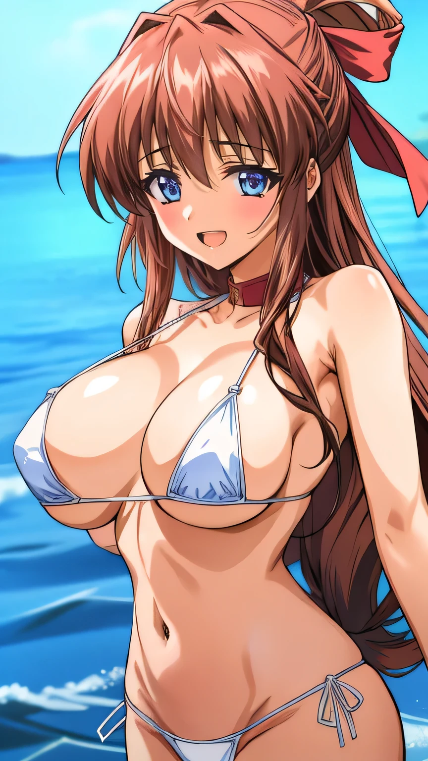 Anime illustration　Aoikan, 1 person, Hair Ribbon, White micro bikini,Big Breasts、 blush, Cute Smile　Open your mouth, Are standing, Two Arms　　Shoulders bare