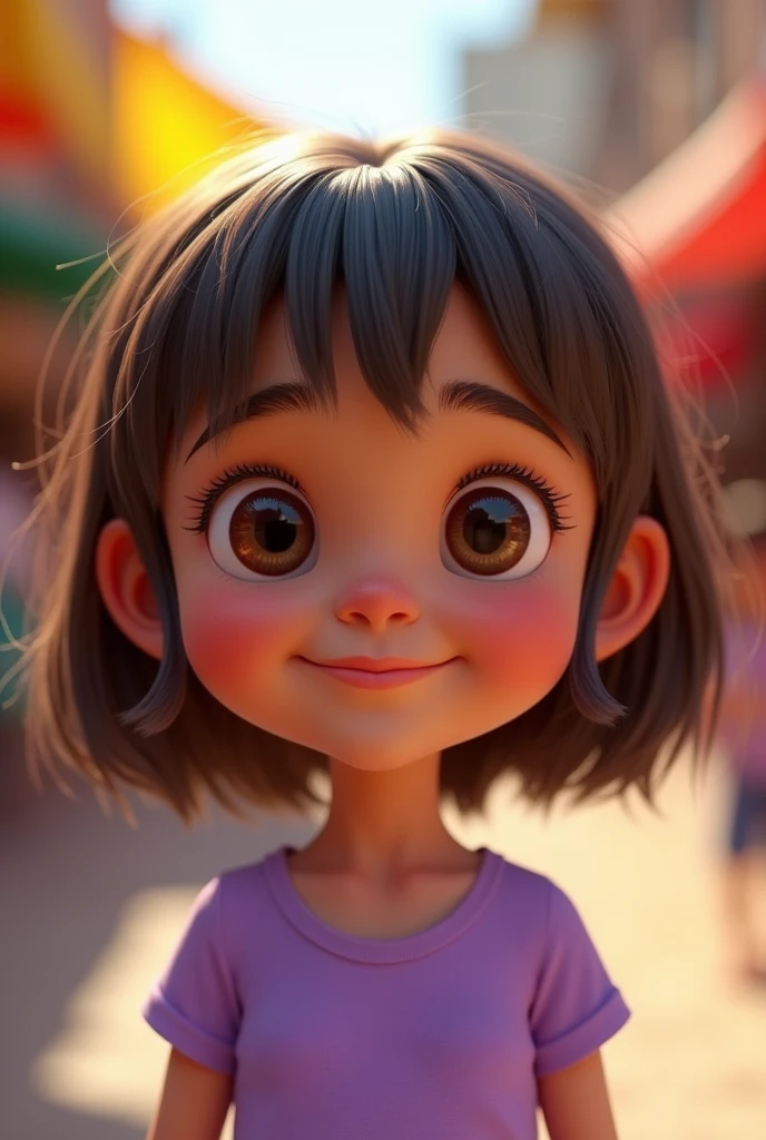Create a photo of a 10-year-old Brazilian child with big, almond-shaped brown eyes, shoulder-length straight brown hair, fringe, button nose with a dimple on the cheek, oval face shape. Mouth with a thin upper lip and normal lower lip. Lilac clothing ,3d render