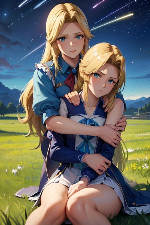 Masterpiece 8k(((((Alice)))))
((woman,The facial expression is accurate,Anime style face,greenish blue eyes ))
(((((Sittingwoman)))))
Night Sky
(((((Shooting stars flowing at night)))))
8k(((((high school girl)))))
(((((Grassland on grassland)))))
8k(((((Night Skyを見ているwoman)))))
((Wavy, Gracefully running down my shoulders、Wavy blonde hair that flows gently around the face)))
8k((Angle from below))
(Sitting,Sit down)