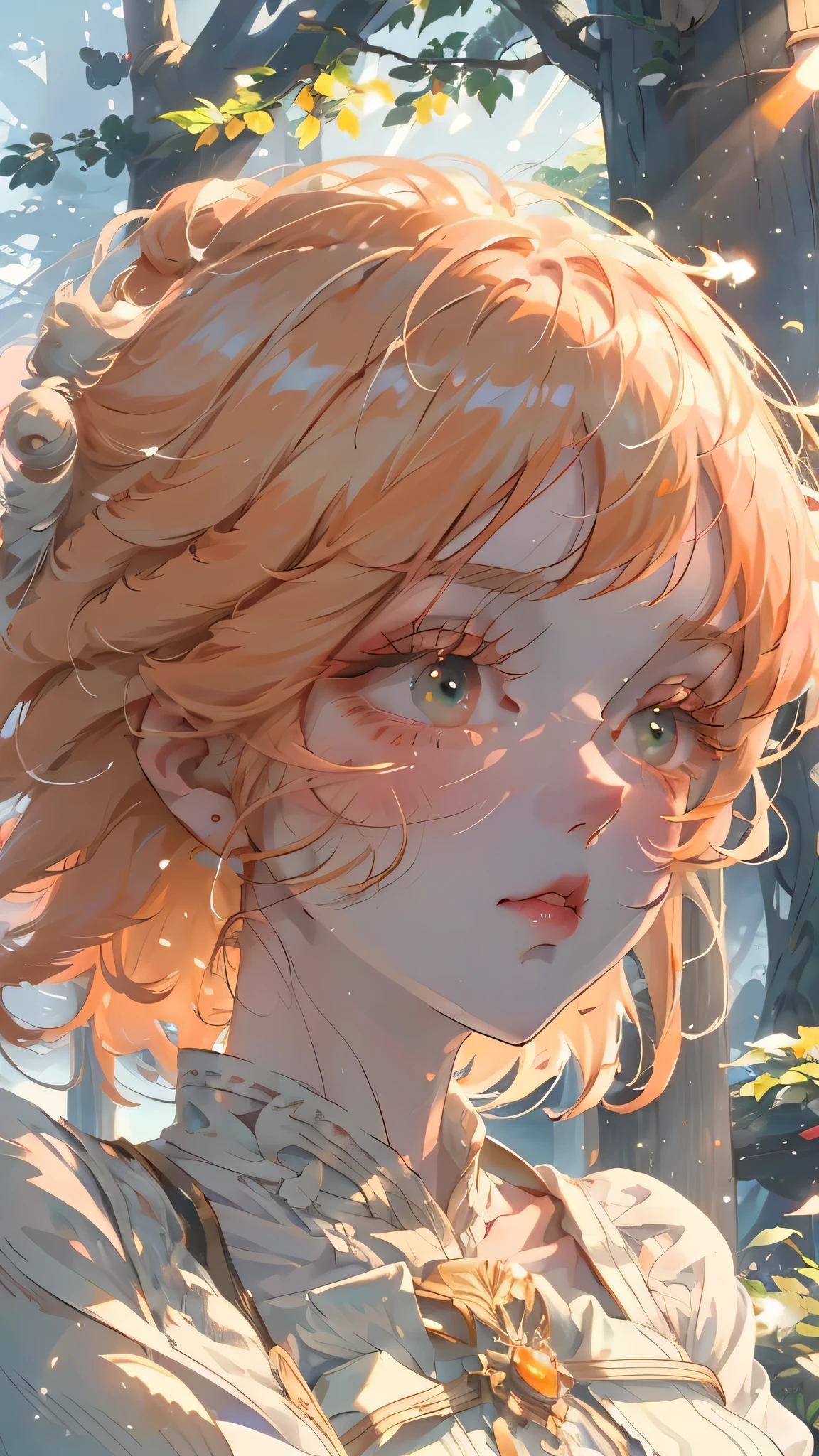 (high quality) (best quality) (a woman) (correct physiognomy) (perfect students) (perfect eyes) anime woman, long fluffy deep orange hair, green eyes, sensitive lips, feminine appearance, soft facial features, slender eyebrows, smooth skin, rosy cheeks, pink lips, silky eyelashes, dreamy expression, orange hair, middle age, in the middle of nature, cute anime animation style, sunlight illuminated photo, anatomy from head to torso in the photo