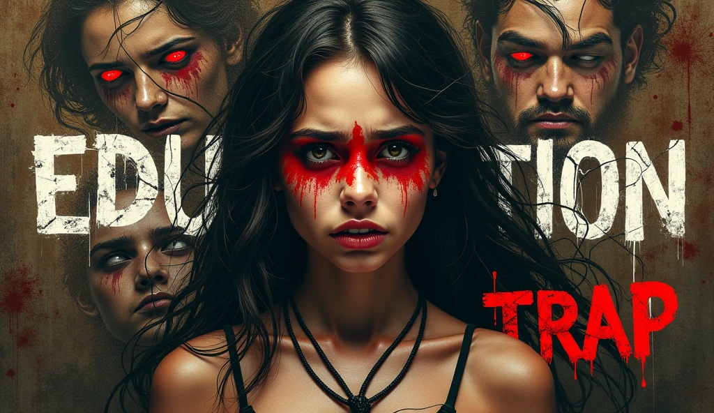 "Design a dark, intense thumbnail featuring a young woman in the center with a distressed, defiant expression. She has a rope noose hanging loosely around her neck, symbolizing entrapment, and her eyes are covered by a rough red paint stroke. The background is chaotic, with a tangled web of wires and metallic textures, creating a sense of being trapped. Surrounding her, include faded, distressed images of other people with their eyes also covered in red, scattered around the edges of the image. The word 'EDUCATION' is boldly displayed in large, cracked white letters, spanning across the middle, while the word 'TRAP' is written in smaller, scratched red letters in the lower right corner. The overall color scheme is a mix of dark, rusty browns, and blacks with sharp, contrasting reds and whites to evoke a feeling of danger and despair."