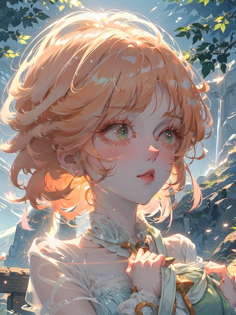 (high quality) (best quality) (a woman) (correct physiognomy) (perfect students) (perfect eyes) anime woman, long fluffy deep orange hair, green eyes, sensitive lips, feminine appearance, soft facial features, slender eyebrows, smooth skin, rosy cheeks, pink lips, silky eyelashes, dreamy expression, orange hair, middle age, in the middle of nature, cute anime animation style, sunlight illuminated photo, anatomy from head to torso in the photo
