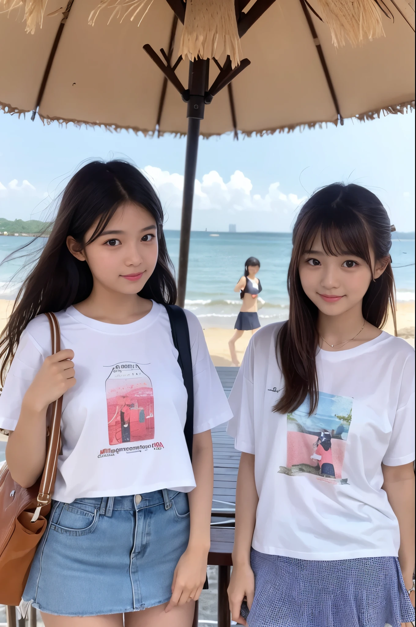 Two girls (20 years old, Japanese cute face) are wearing white Tshirts, mini skirt at the beach bar