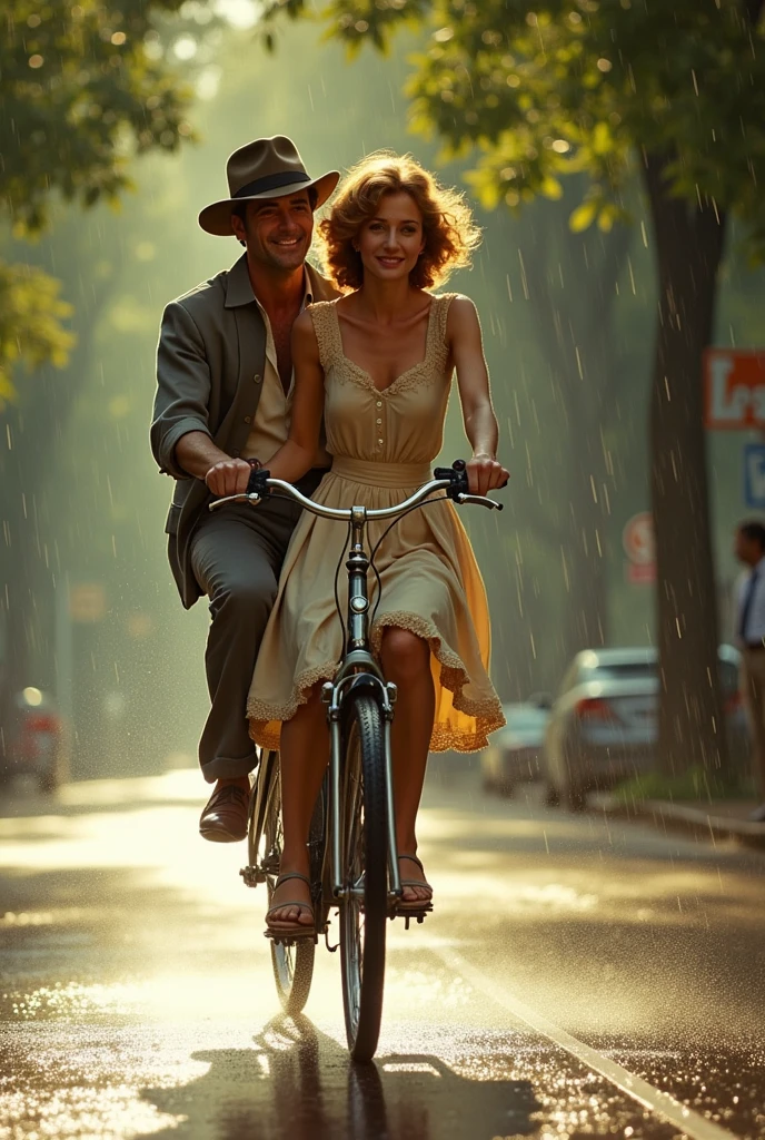 movie「Shoot for Tomorrow!」、Paul Newman as Butch Cassidy and Katharine Ross as Etta Place ride together on a bicycle、theme song「Even if it gets wet in the rain」Background music、beautiful and detailed portrait、1960s style、Vibrant colors、Nostalgic atmosphere、rain in the background、Sunlight filtering through the trees、Warm lighting、movieのような構成、Dynamic Movement、Photorealistic、Very detailed、(Highest quality、4K、8k、High resolution、masterpiece:1.2)、Super detailed、(Real、Photorealistic、Photorealistic:1.37)