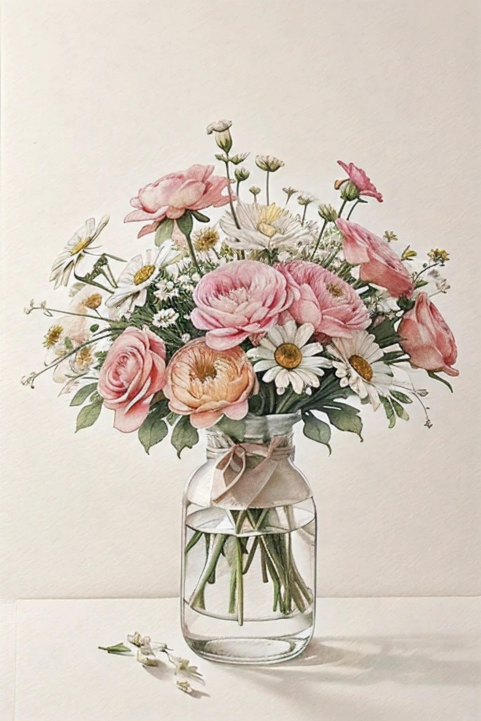 Floral Watercolor:
“Design a delicate watercolor illustration of a bouquet of soft pastel flowers, including roses, peonies, and daisies. The background should be a subtle, light wash of color.”