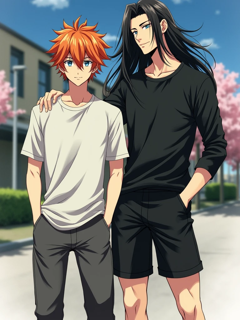A guy with long black hair, Beautiful face, grey eyes, beautiful body, Black T-shirt, black shorts, guy with orange hair, blue eyes, beautiful body, Beautiful face, light gray T-shirt, dark gray pants, hands in pockets anime art, realistically, masterpiece, Best quality, detailing