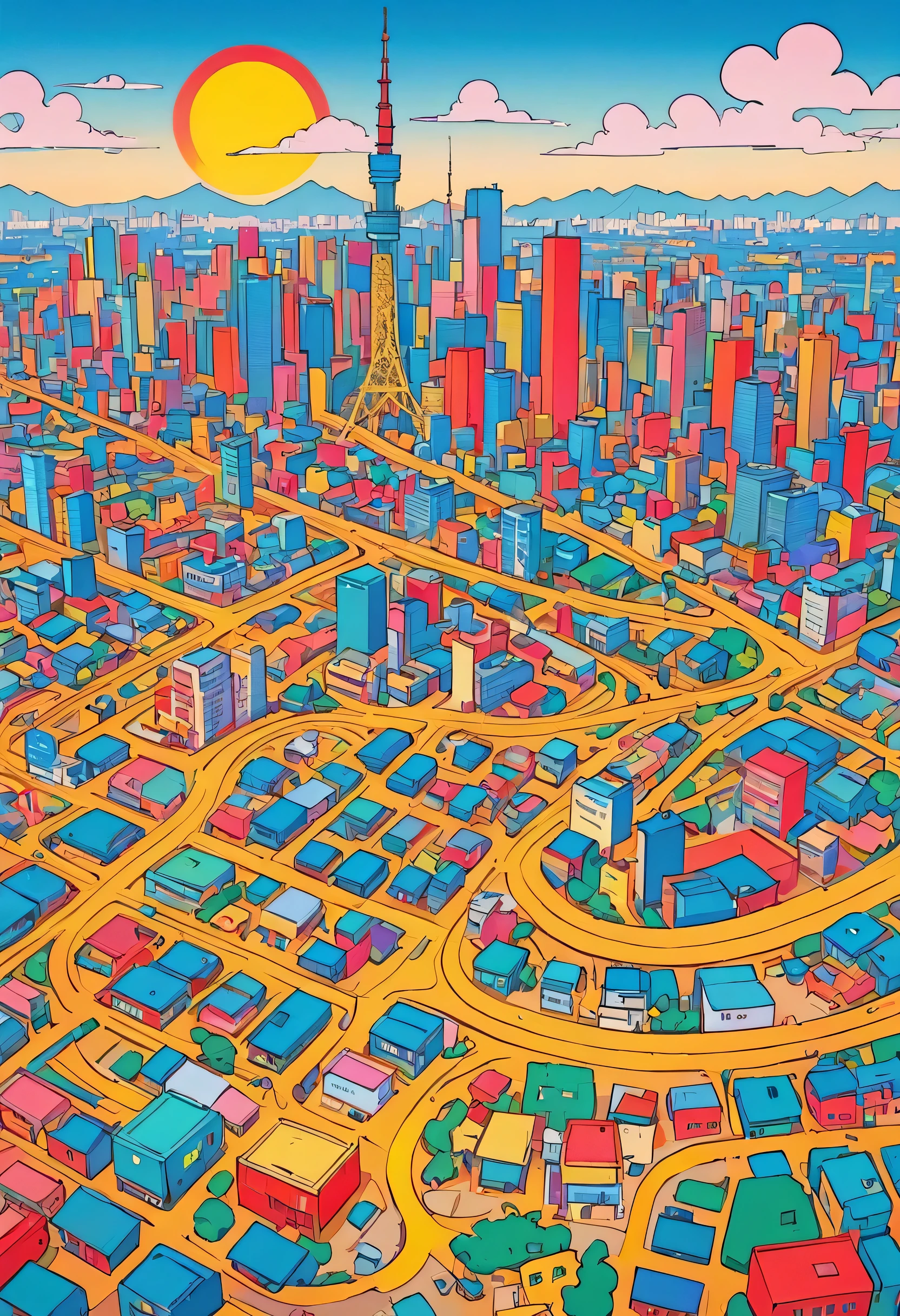 Keith Haring colorful style, Simple Line Initialism，Abstract art，(((Tokyo cityscape))), (((No people)))