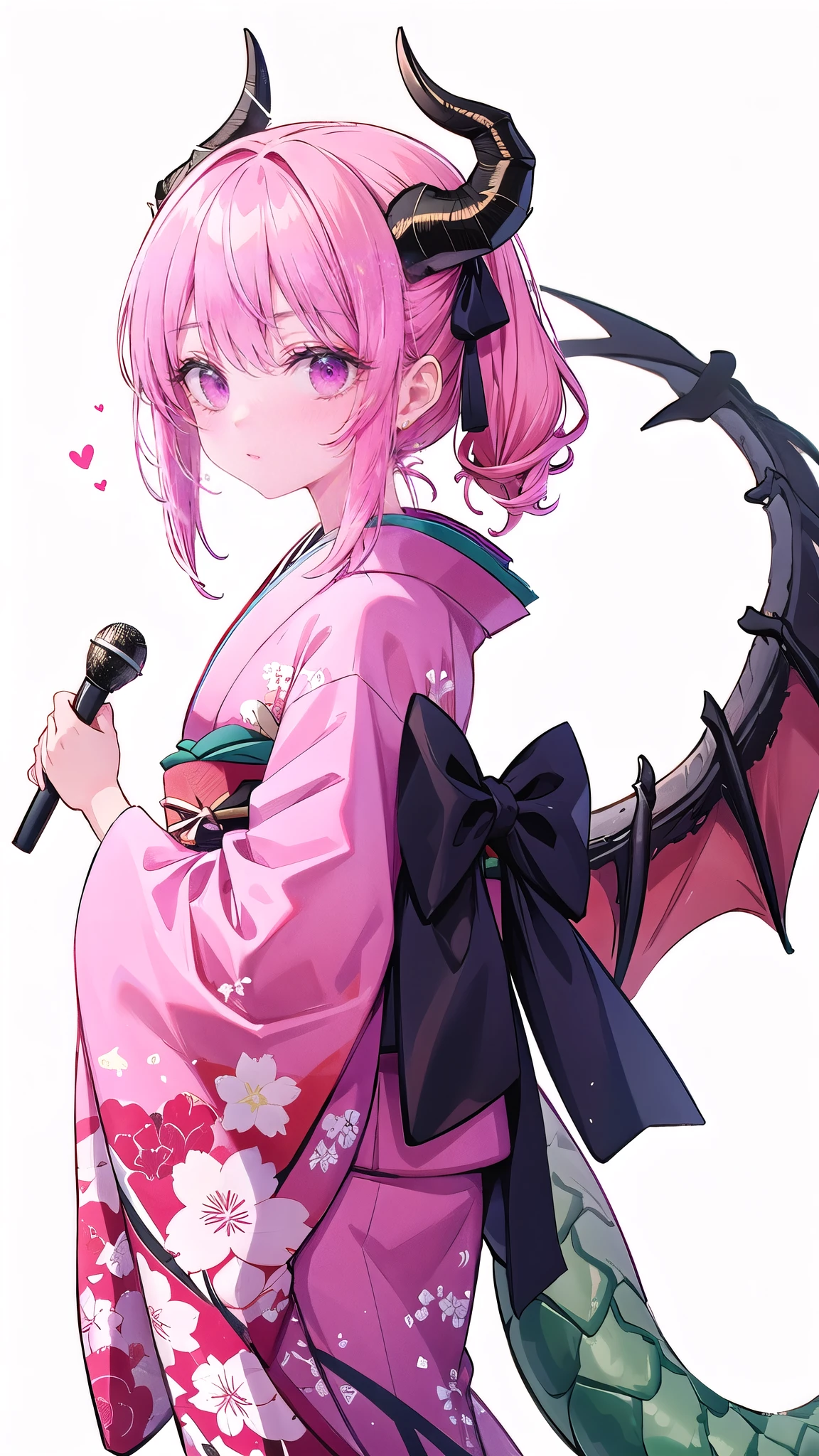 The ten-god character is wearing a kimono.、She has dragon horns growing on her head.。
sheは黒のロングヘアを持っています。and the inner one is pink。The pink is a little faded.。
her right ear is exposed and it has an earring in her left ear, it has an industrial look that sometimes peeks out, she'。She has many piercings.。Her figure, gazing down at the cherry blossoms falling into her palm under the cherry tree where cherry blossoms are dancing in the air, is beautiful.。Skin whitens、Her face is youthful.。