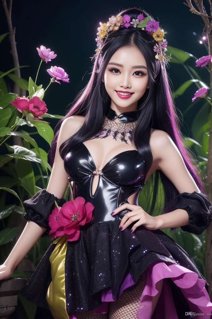 sexy Indonesian Model who controls poison、happy smile、glossy lipstick、long lashes、smokey eyeshadow、look at the camera、full body Esbian、、sparkling poisoned flower costume、、、、shiny sparkling multicolor hair、secrete poison、skull hair accessories、fishnet tights、shiny sparkling dark magic forest background