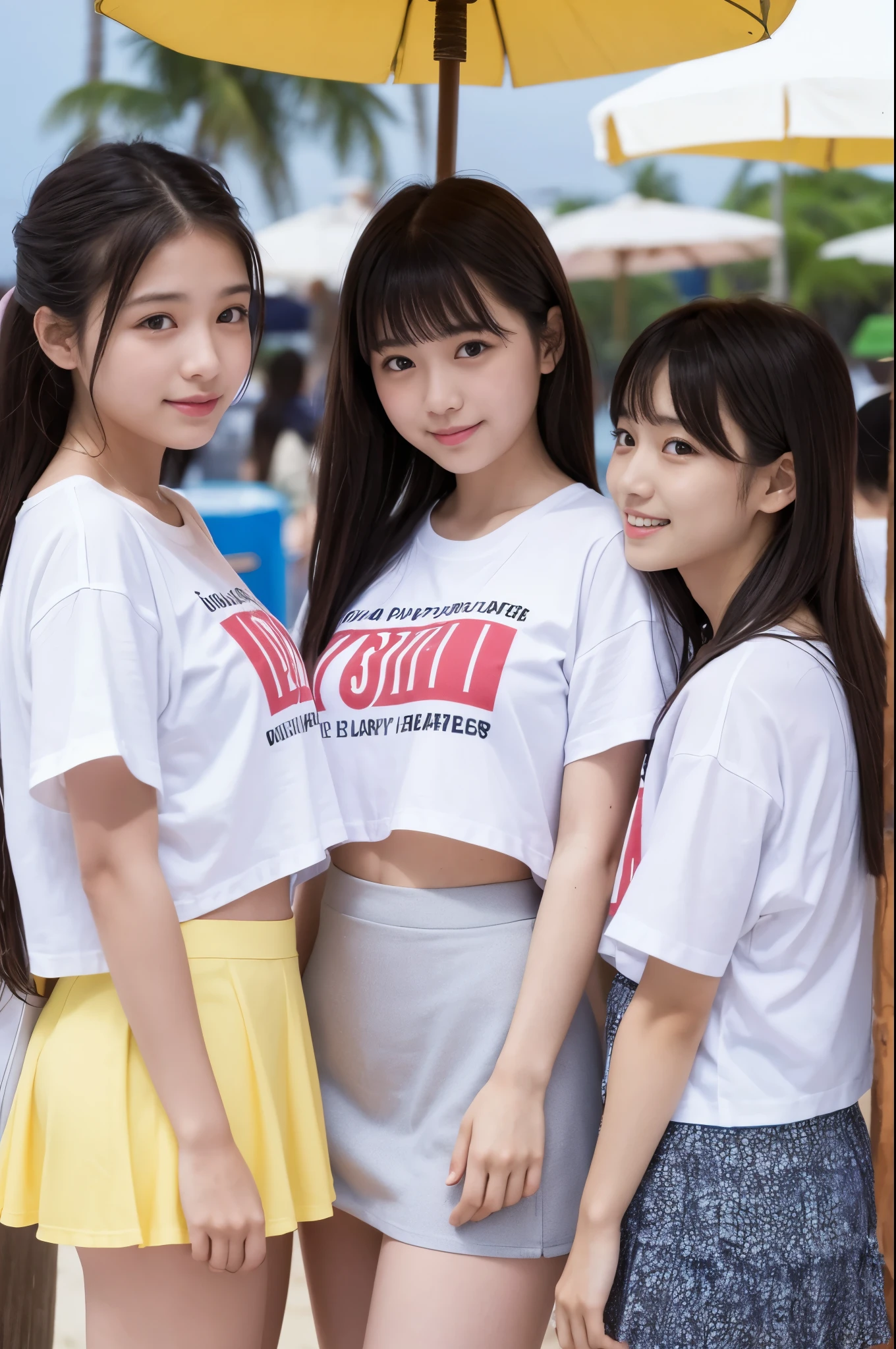 Two girls (20 years old, Japanese cute face) are wearing white Tshirts, mini skirt at the beach bar