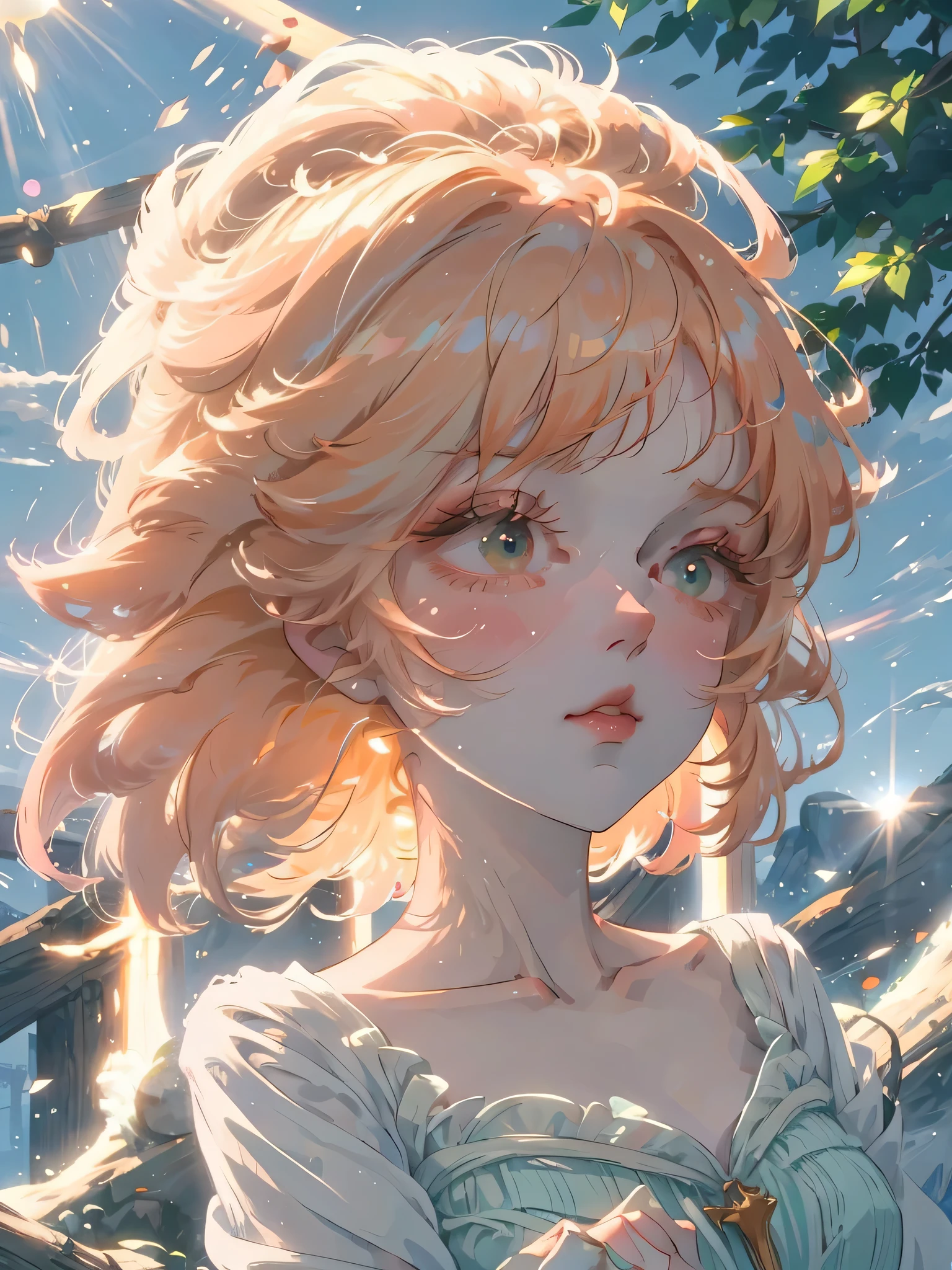 (high quality) (best quality) (a woman) (correct physiognomy) (perfect students) (perfect eyes) anime woman, long fluffy deep orange hair, green eyes, sensitive lips, feminine appearance, soft facial features, slender eyebrows, smooth skin, rosy cheeks, pink lips, silky eyelashes, dreamy expression, orange hair, middle age, in the middle of nature, cute anime animation style, sunlight illuminated photo, anatomy from head to torso in the photo