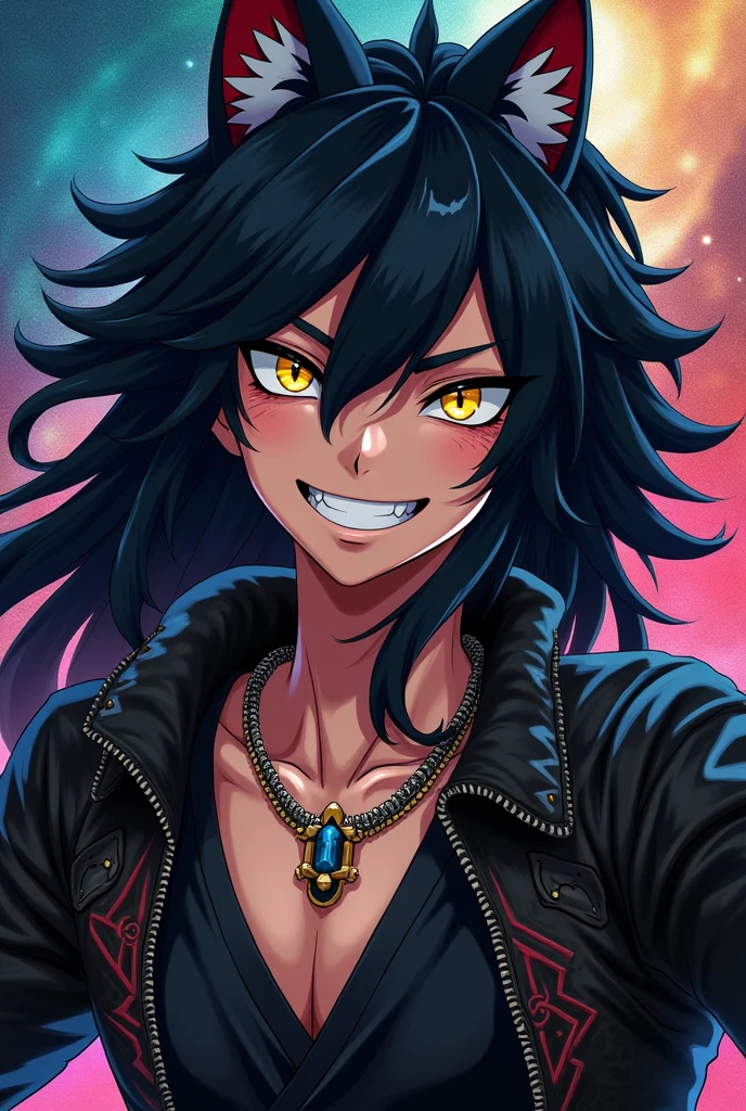 a close up of a person wearing a leather jacket and a necklace, anime tribal boy with long hair, inspired by Yamagata Hiro, detailed anime character art, [[[[grinning wickedly]]]], male anime character, anime character, handsome anime man, cute japanese demon boy, Shirow Masamune, he has yellow wolf eyes