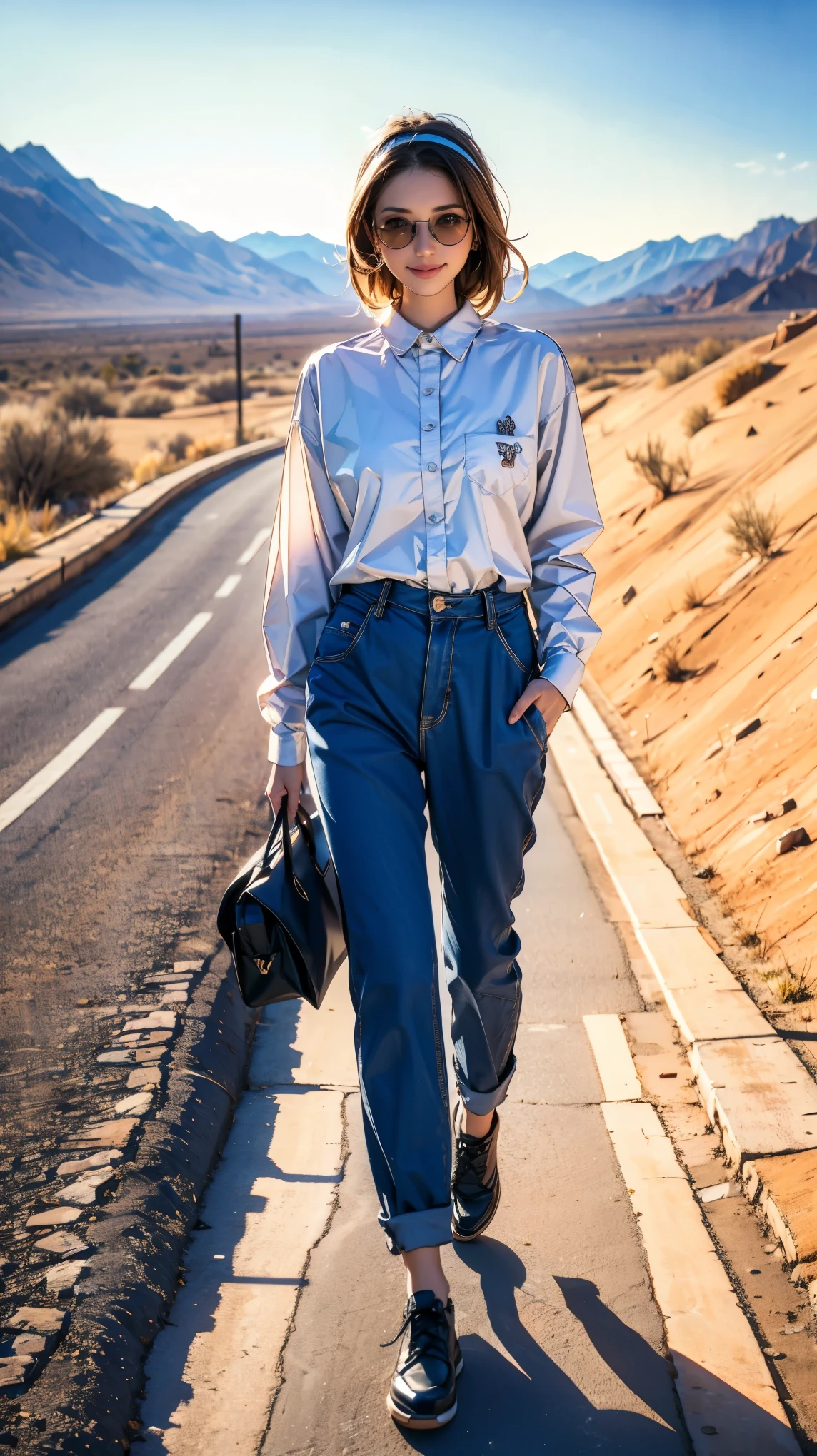 ((Highest quality)), ((masterpiece)), ((Realistic)), ((Highest quality)), ((masterpiece)), ((Realistic)), Girl Walking In The Desert, Looks tired, Loose clothing, long sleeve shirt and trousers, headgear, sunglasses, so beautiful, Natural and casual style at eye level, Scenic, masterpiece, (High resolution), original, extremely detailed 8K , (photoRealistic:1.4),Perfect Face, Perfect Eyes,Symmetrical body type,smile, 