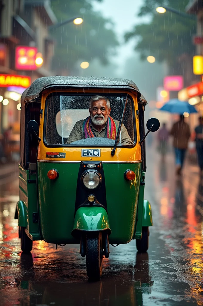 A cng on a street and it's raining