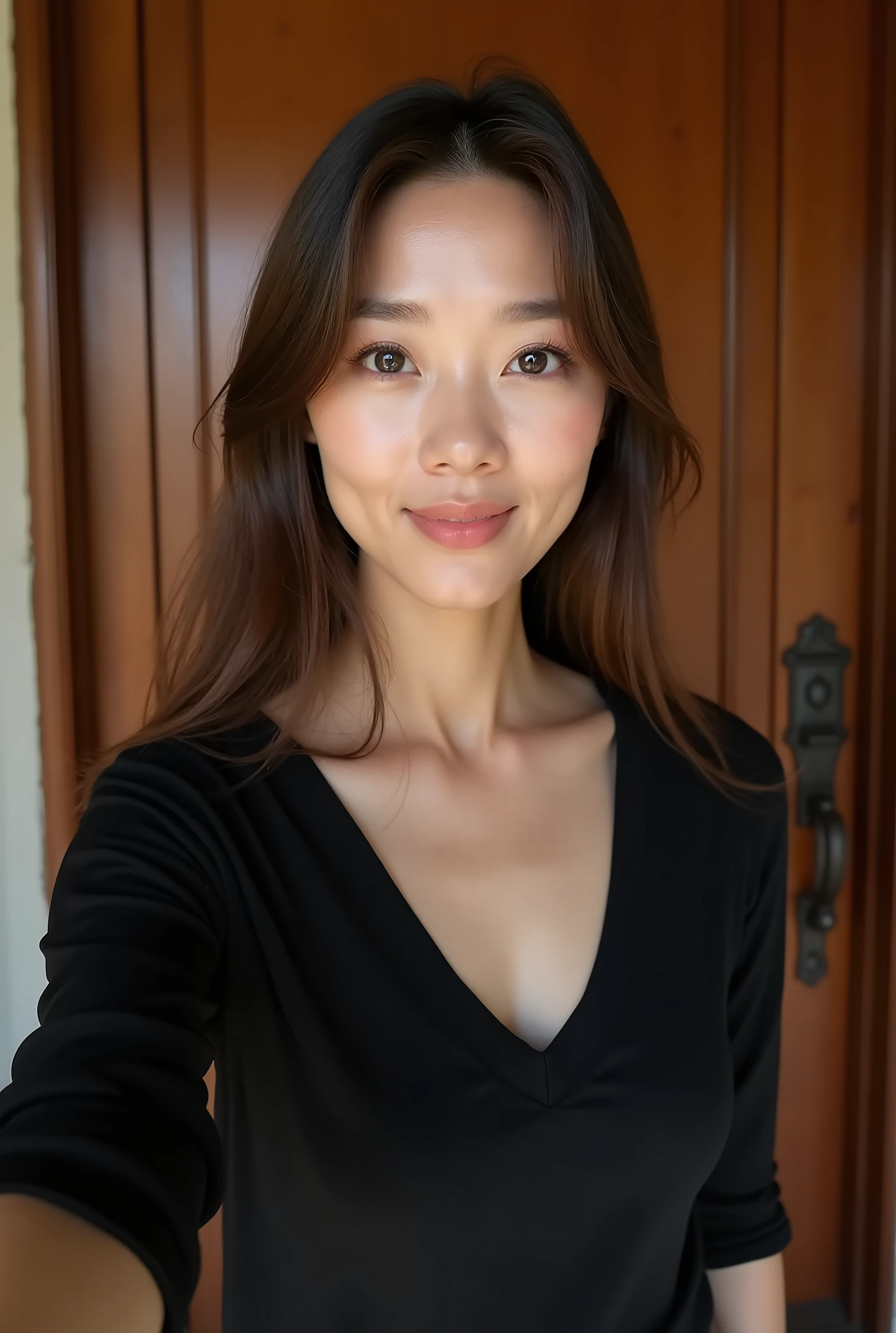 Noticeable wrinkles around the corners of the eyes。Straight long hair。Selfie。Best quality, masterpiece, ultra-high resolution, (photorealistic: 1.4), 1 woman, (ulzzang-6500-v1.1: 1.0), brown hair, black eyes, 45 years old, beautiful woman, actress,Black 3/4 sleeves、Wearing a V-neck T-shirt。A woman taking a selfie in front of a door.。Straight Hair。Japanese women。Asian Woman。Looking at this。