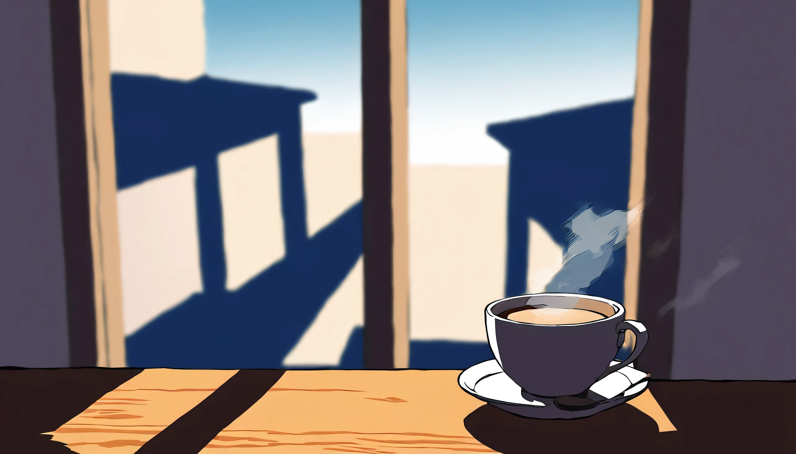 An anime-style illustration captures a serene moment of coffee time. The scene features a single white coffee cup placed on a wooden table, with steam rising from the hot coffee, indicating its warmth. The background is a softly blurred indoor setting, with natural light streaming in through a window, creating a calm and inviting atmosphere. The focus is on the coffee cup, highlighting its simplicity and the comforting ambiance it brings. The overall mood of the illustration reflects a peaceful and relaxing coffee break, perfect for unwinding.