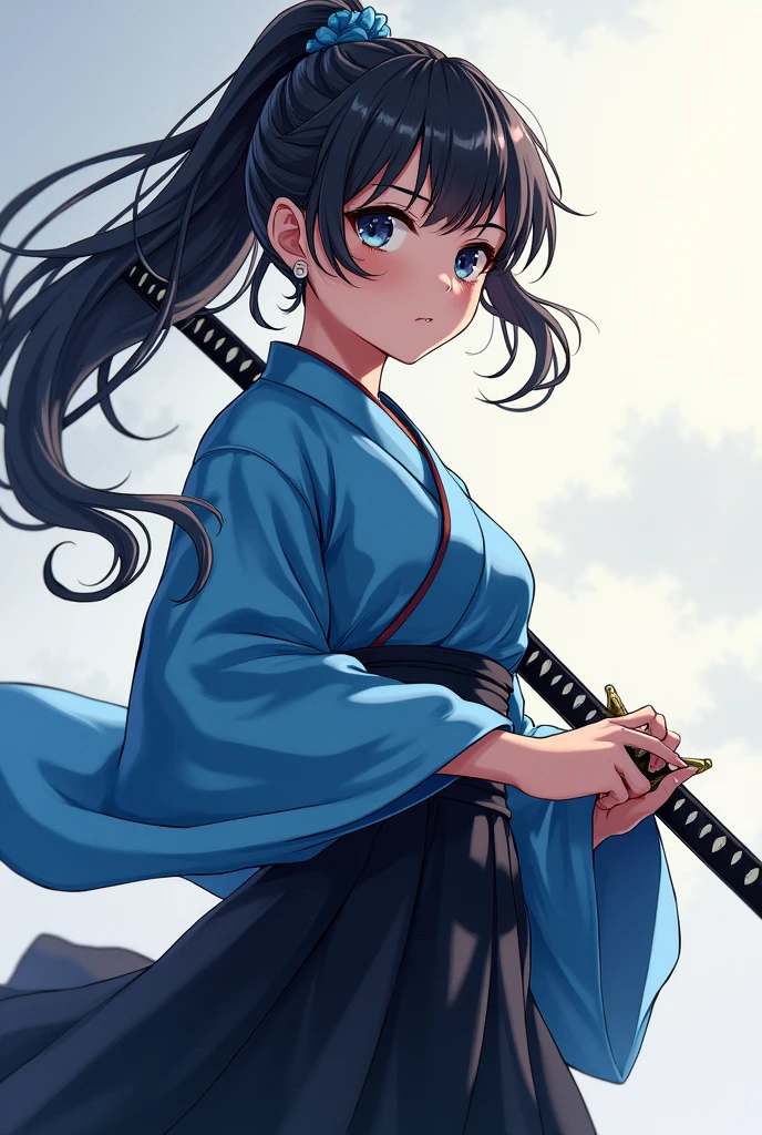A young and beautiful person,(Highest quality,Extremely detailed depiction,Incredibly absurd high resolution,Anatomically accurate depiction,Nice hands,Perfect Fingers,Curvy Legs,Shiny skin),(Anime samurai girl:1.5),(Blue kimono,Black Hakama,Holding a sword in his hand,with a katana scabbard at her waist),eyelash,(Black Eyes,Black Hair,Half-closed eyes:1.5,Sweat,whole body,Hair blowing in the wind,A stern gaze wielding a blade.),Anime Art,Side view